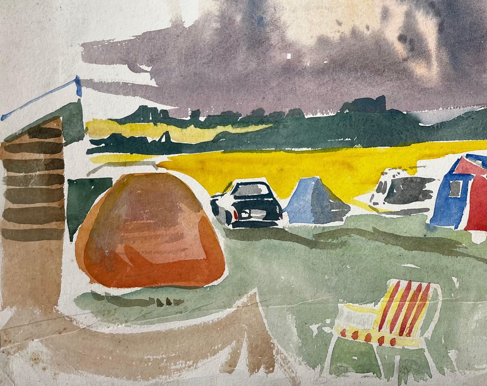 John Steane (B.1931)summer Tents And Stormy Sky Over Yellow Fields British Campsite Watercolour photo Art