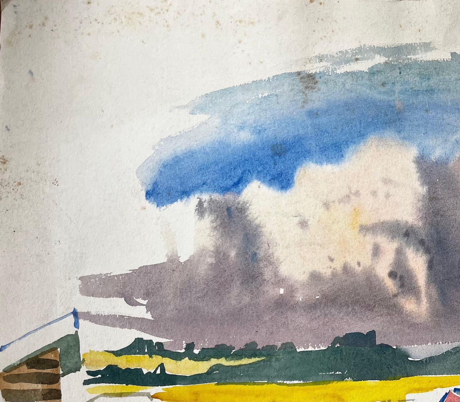 John Steane (B.1931)summer Tents And Stormy Sky Over Yellow Fields British Campsite Watercolour photo 122.0