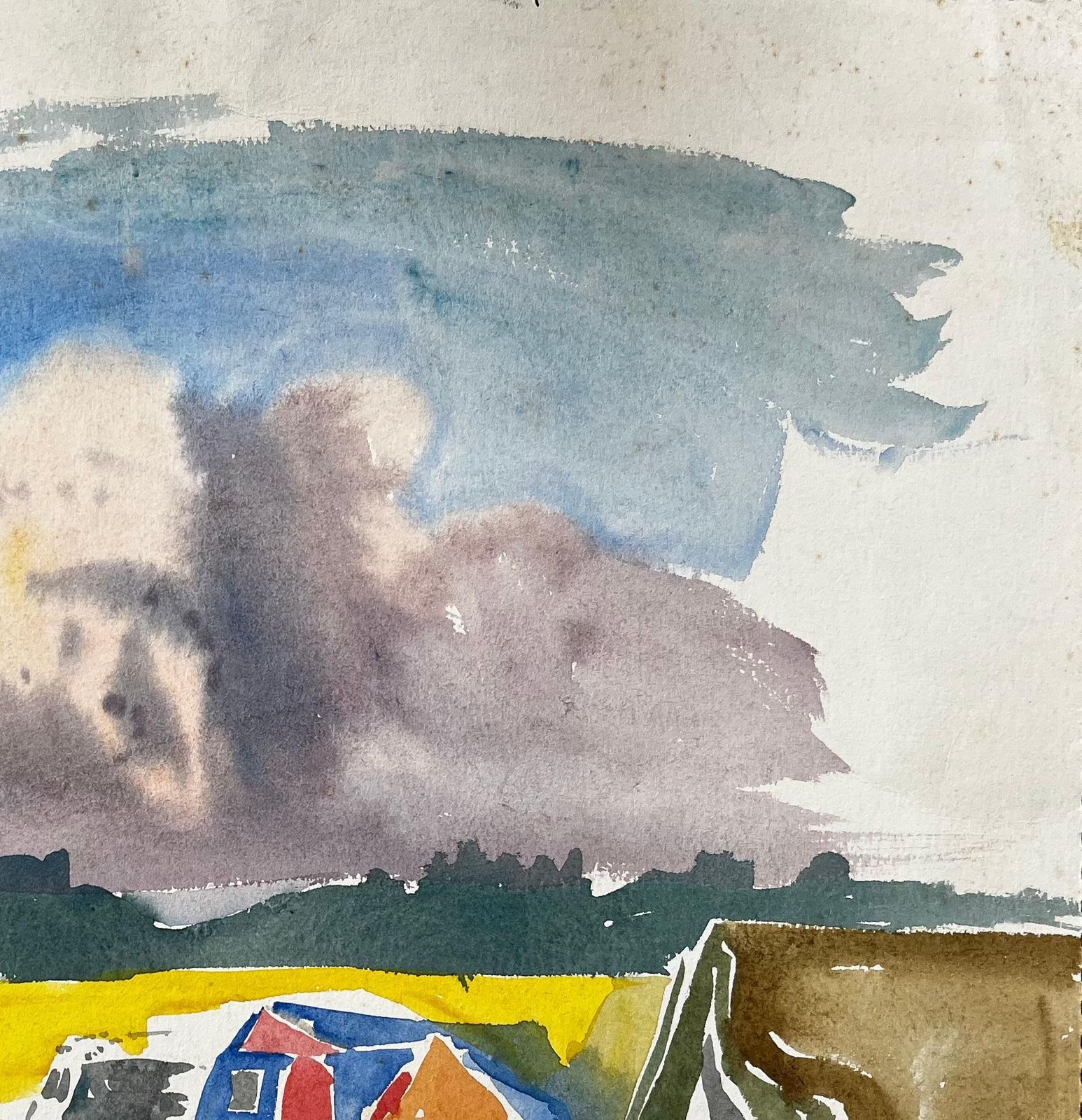 John Steane (B.1931)summer Tents And Stormy Sky Over Yellow Fields British Campsite Watercolour photo vinterior
