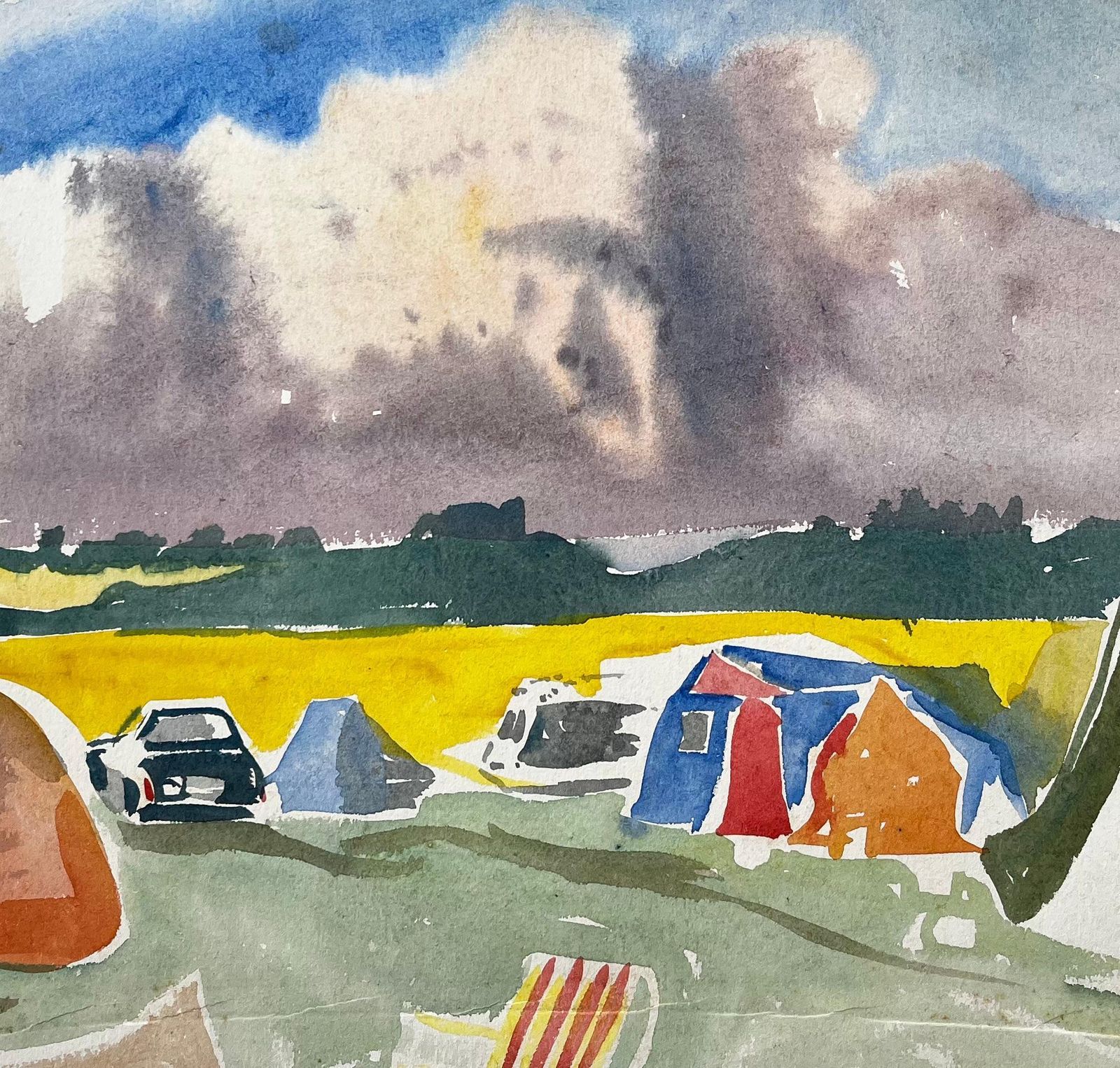 John Steane (B.1931)summer Tents And Stormy Sky Over Yellow Fields British Campsite Watercolour photo buy