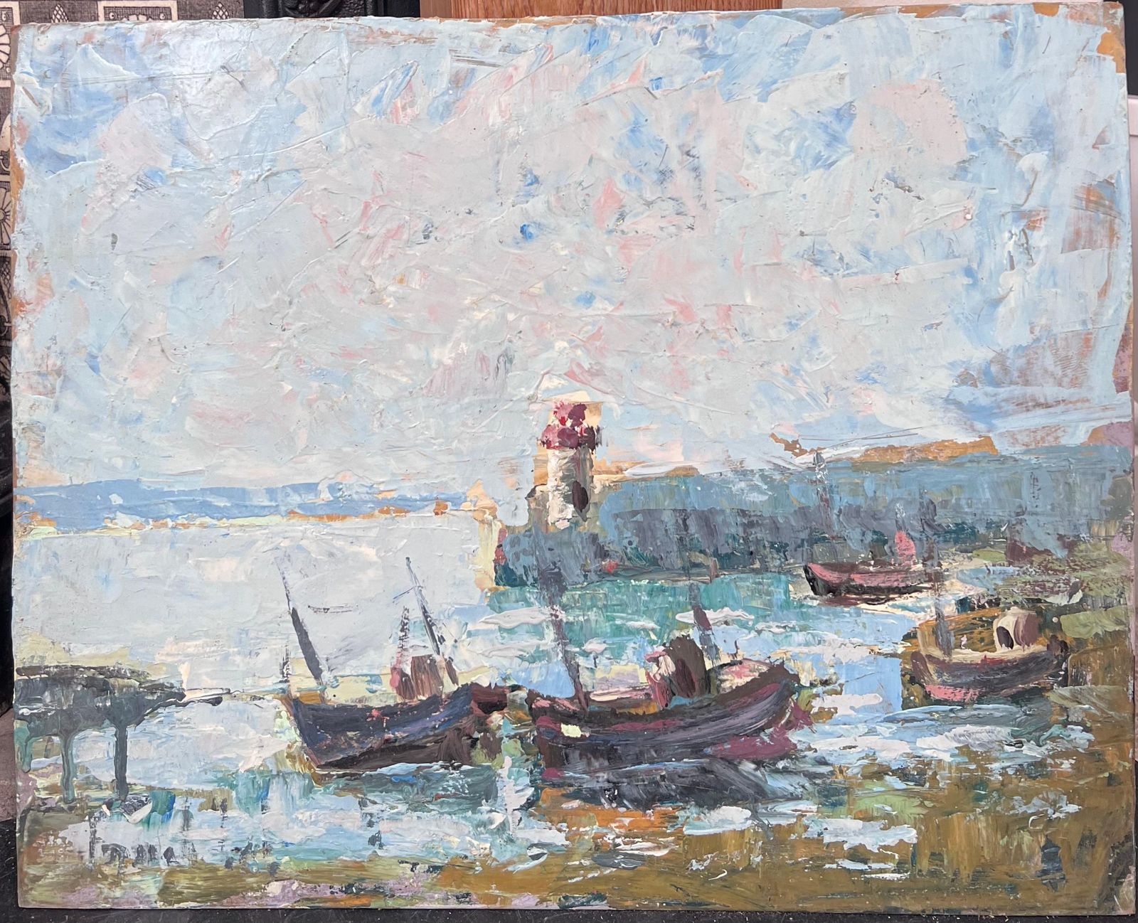 Fanch Leldocked Boats At The Lighthouse Lit Harbour French Landscape Oil Painting photo furniture