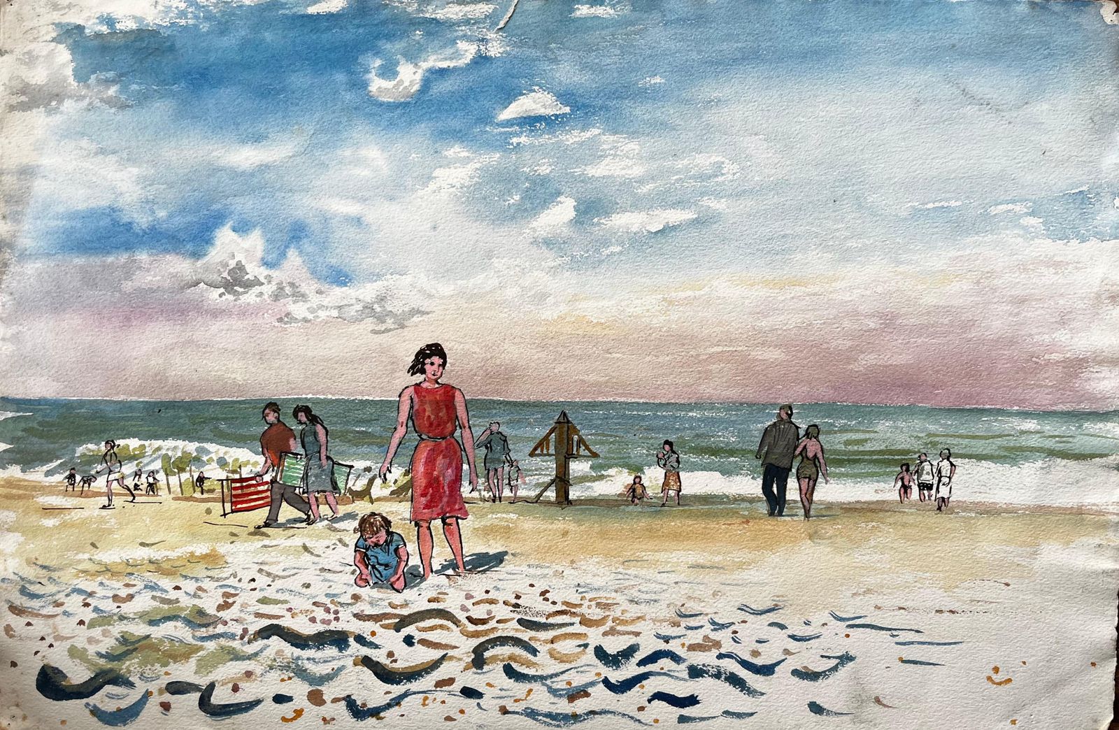 John Steane (B.1931)dorset Beach Scene With Families Sea And Sky By British Artist John Steane