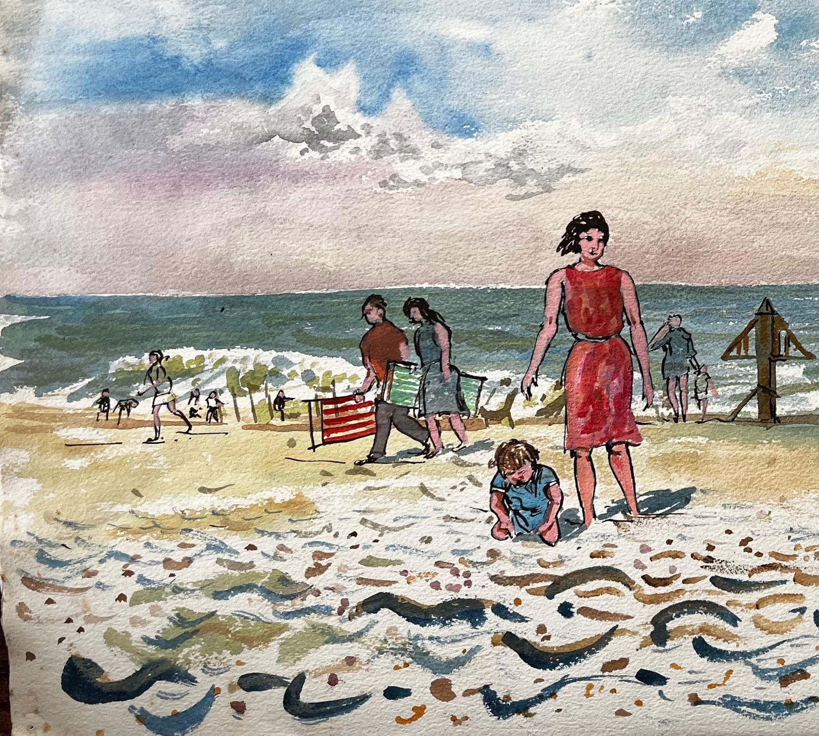 John Steane (B.1931)dorset Beach Scene With Families Sea And Sky By British Artist John Steane photo for sale