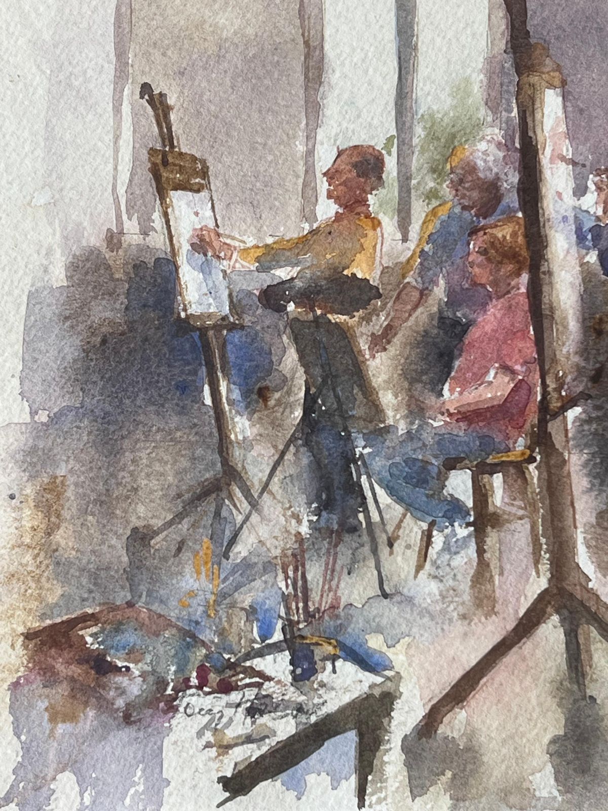 Anthony Herbertfigures Painting In An Art Class With Easels And Brushes British Watercolour photo for sale