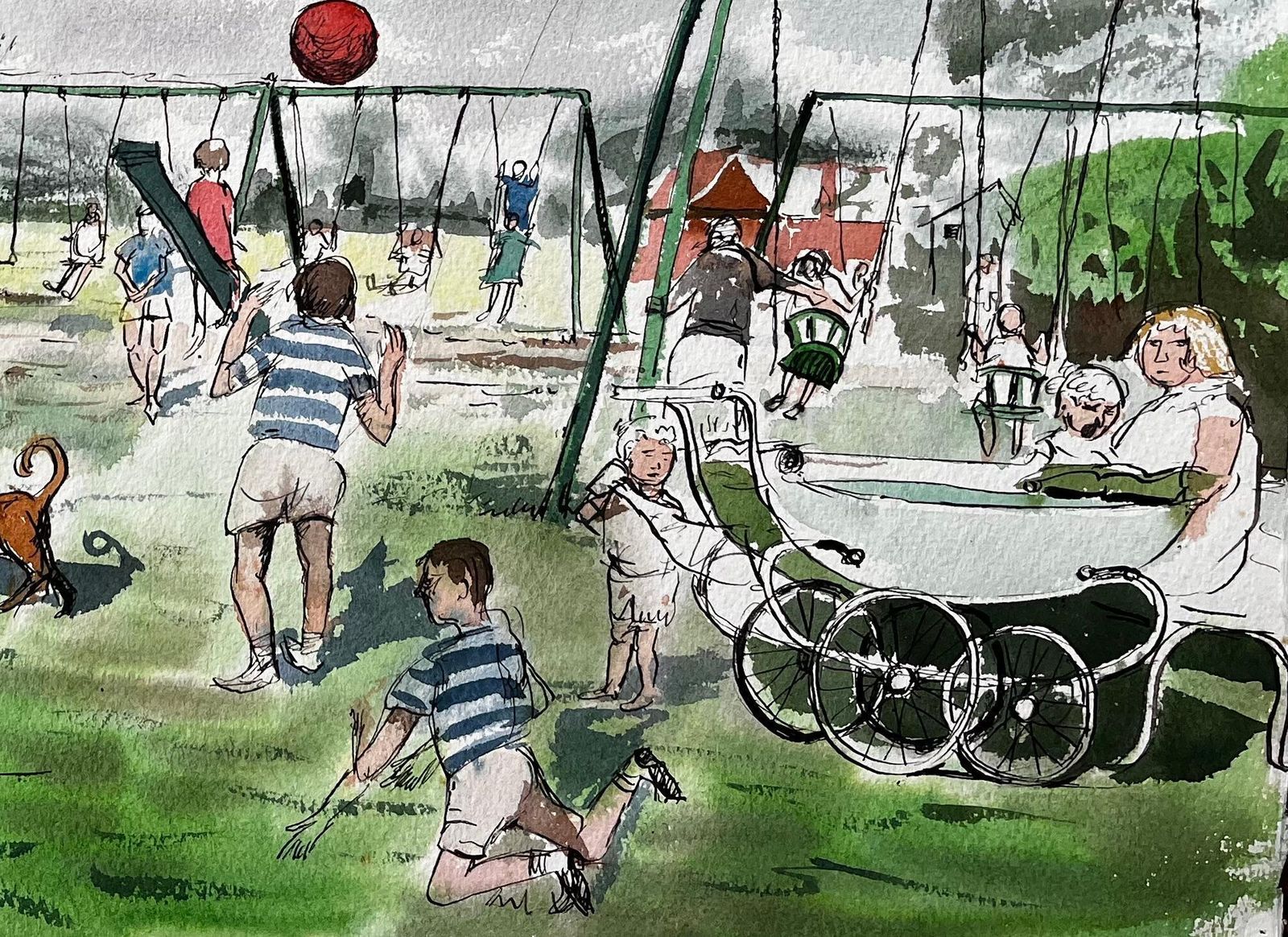 John Steane (B.1931)vintage Playground Scene Southport Common With Swings Pram And Children photo for sale