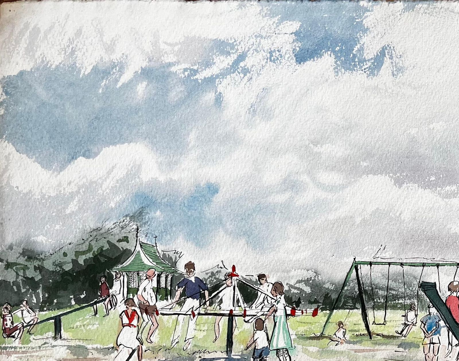 John Steane (B.1931)vintage Playground Scene Southport Common With Swings Pram And Children photo vinterior