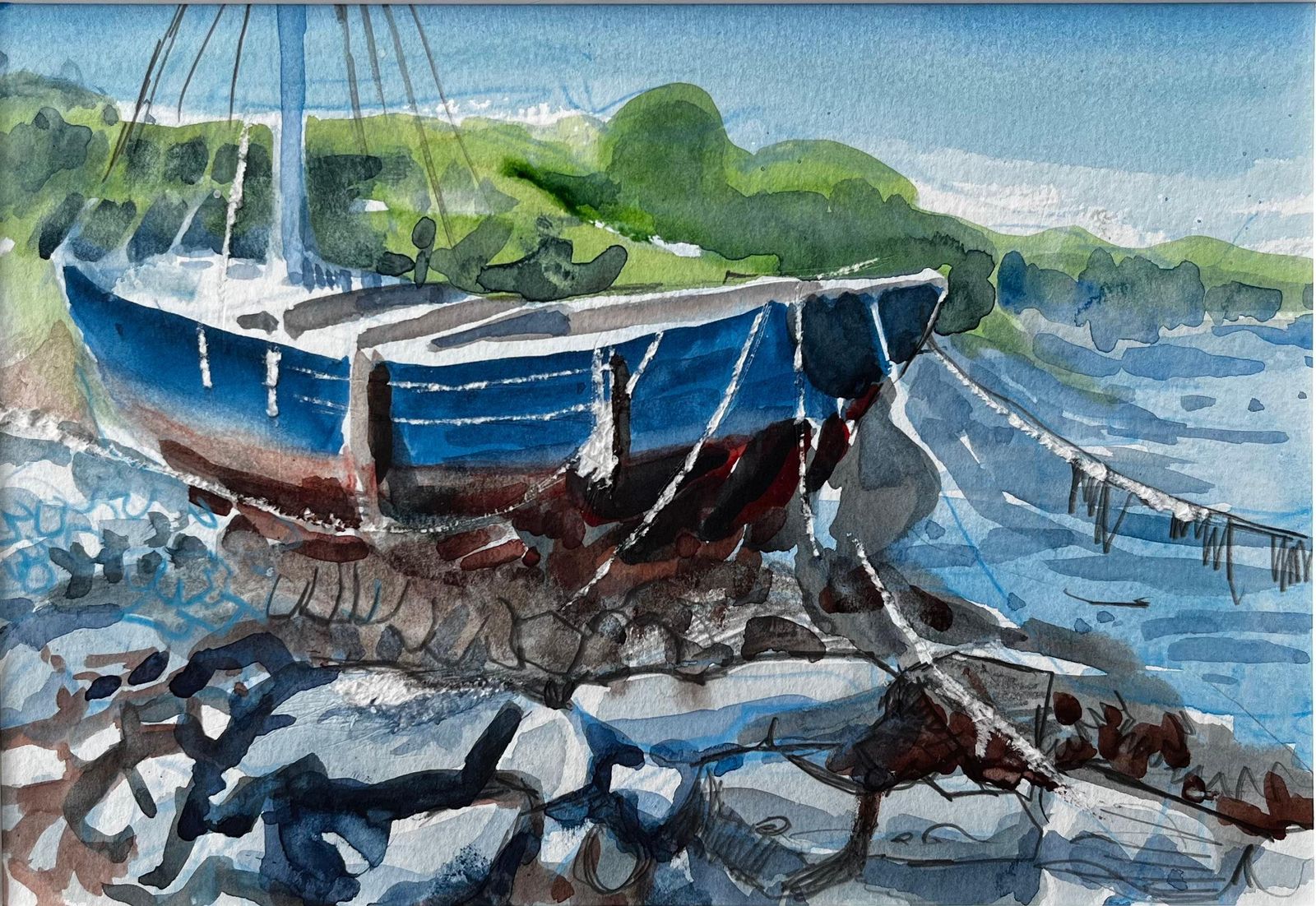 John Steane (B.1931)crete Harbour Beached Fishing Boat Greek Island Scene Mounted Watercolour