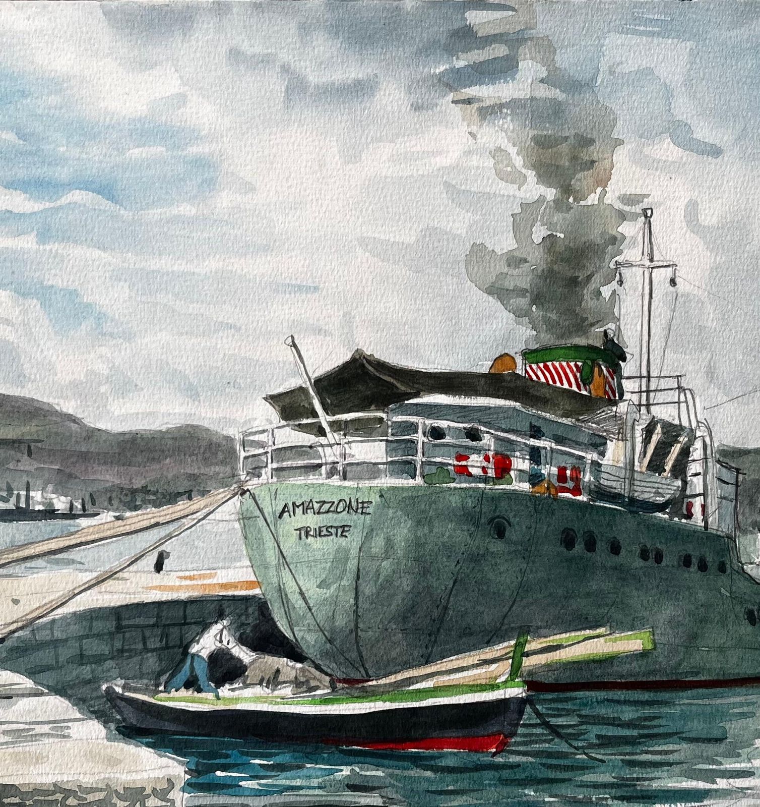 John Steane (B.1931)steamship Amazzone Harbour Scene Muggia Italy 1950 Signed Watercolour Painting1950 photo buy