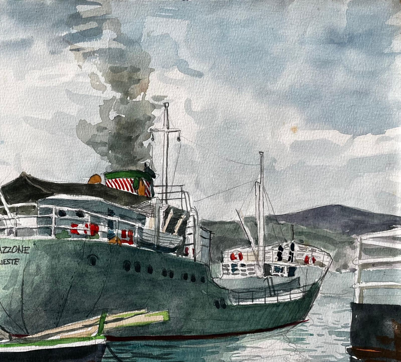 John Steane (B.1931)steamship Amazzone Harbour Scene Muggia Italy 1950 Signed Watercolour Painting1950 photo vintage