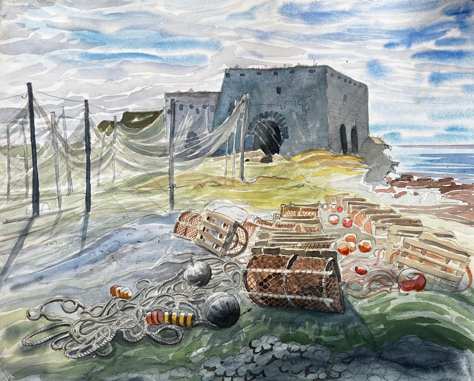 John Steane (B.1931)shetland Fishing Nets And Lobster Pots With Ruin By The Sea 1985 Watercolour1985