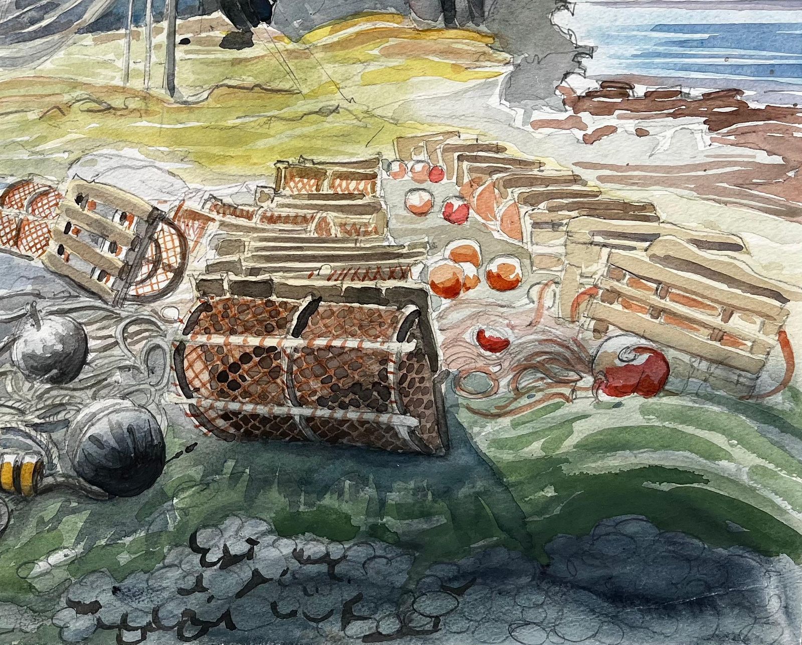 John Steane (B.1931)shetland Fishing Nets And Lobster Pots With Ruin By The Sea 1985 Watercolour1985 photo for sale
