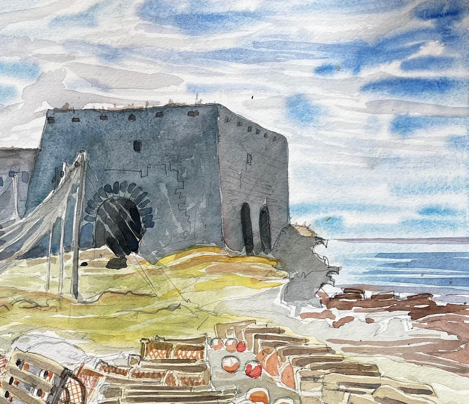 John Steane (B.1931)shetland Fishing Nets And Lobster Pots With Ruin By The Sea 1985 Watercolour1985 photo Art