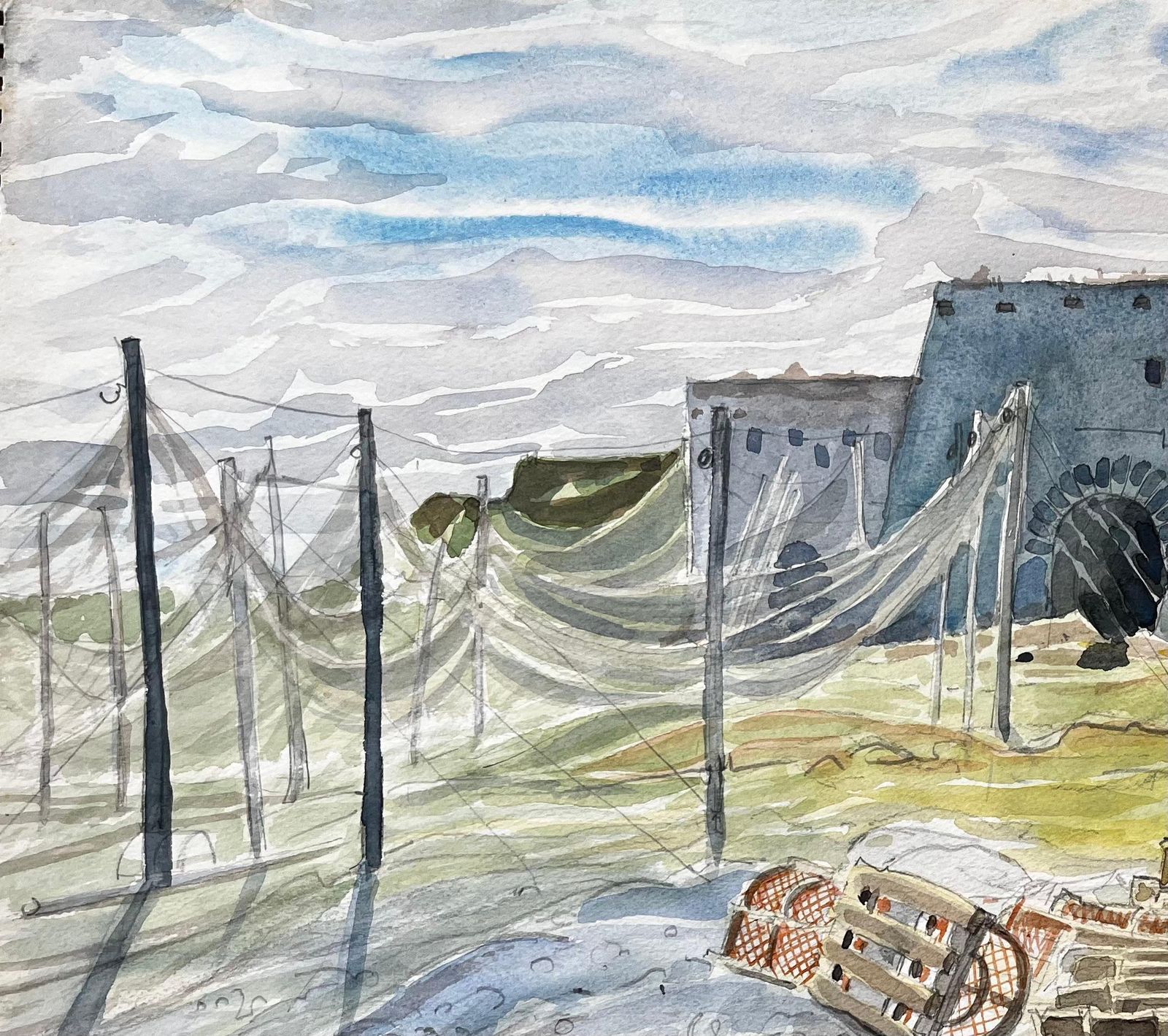 John Steane (B.1931)shetland Fishing Nets And Lobster Pots With Ruin By The Sea 1985 Watercolour1985 photo vinterior