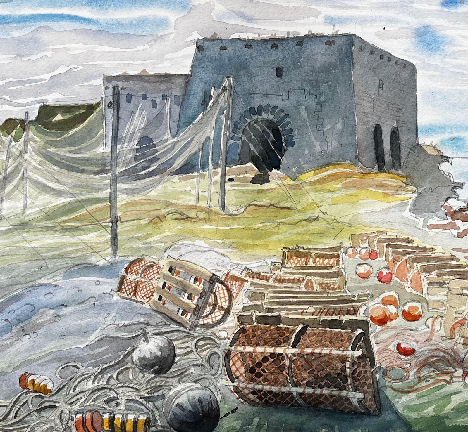 John Steane (B.1931)shetland Fishing Nets And Lobster Pots With Ruin By The Sea 1985 Watercolour1985 photo buy