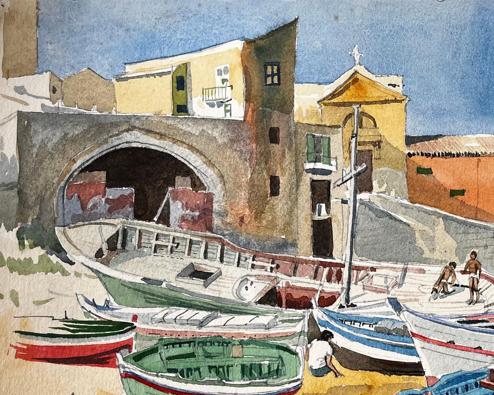 John Steane (B.1931)cretan Fishing Boats In Harbour With Church And Village 1980 Coastal Watercolour1980 photo 539.0