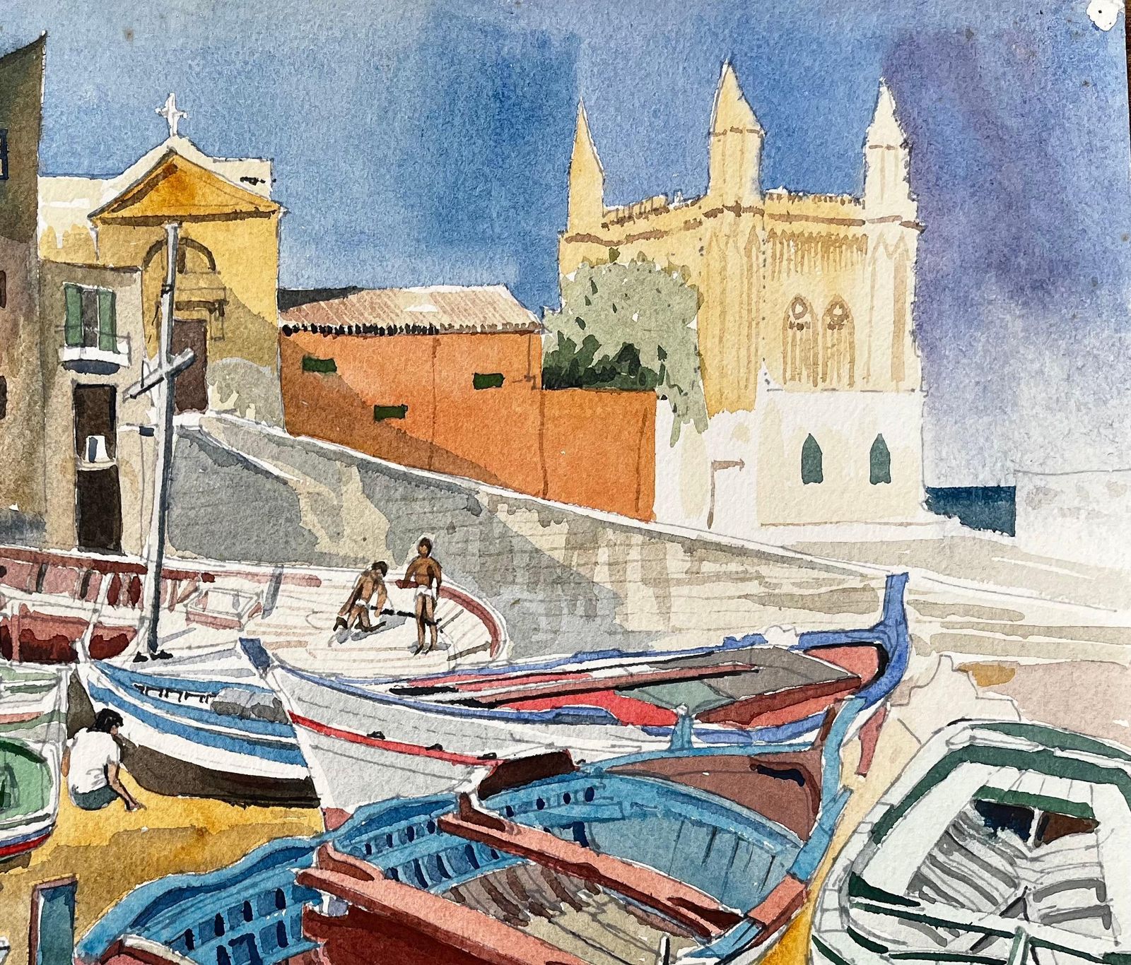 John Steane (B.1931)cretan Fishing Boats In Harbour With Church And Village 1980 Coastal Watercolour1980 photo vinterior