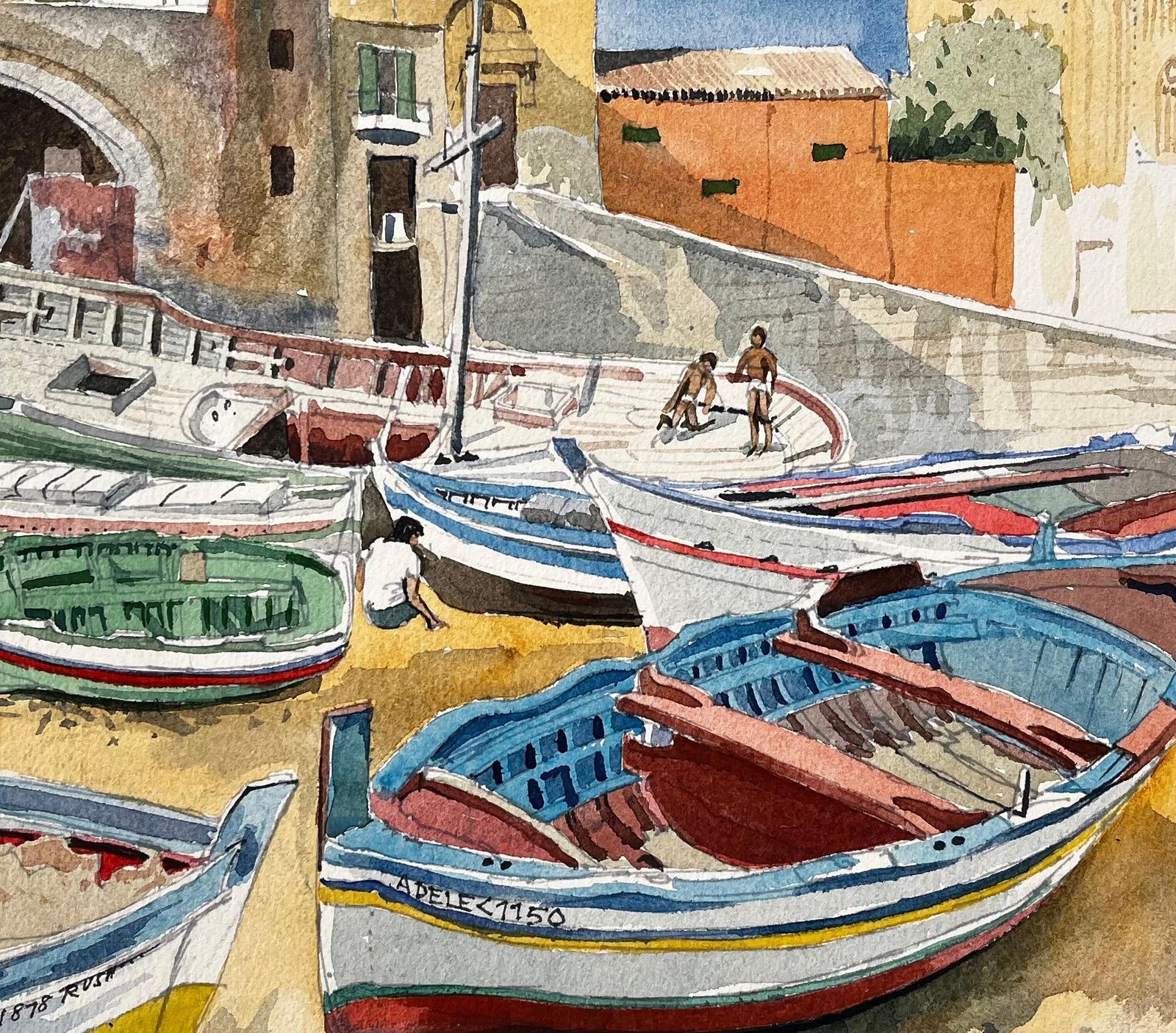 John Steane (B.1931)cretan Fishing Boats In Harbour With Church And Village 1980 Coastal Watercolour1980 photo buy