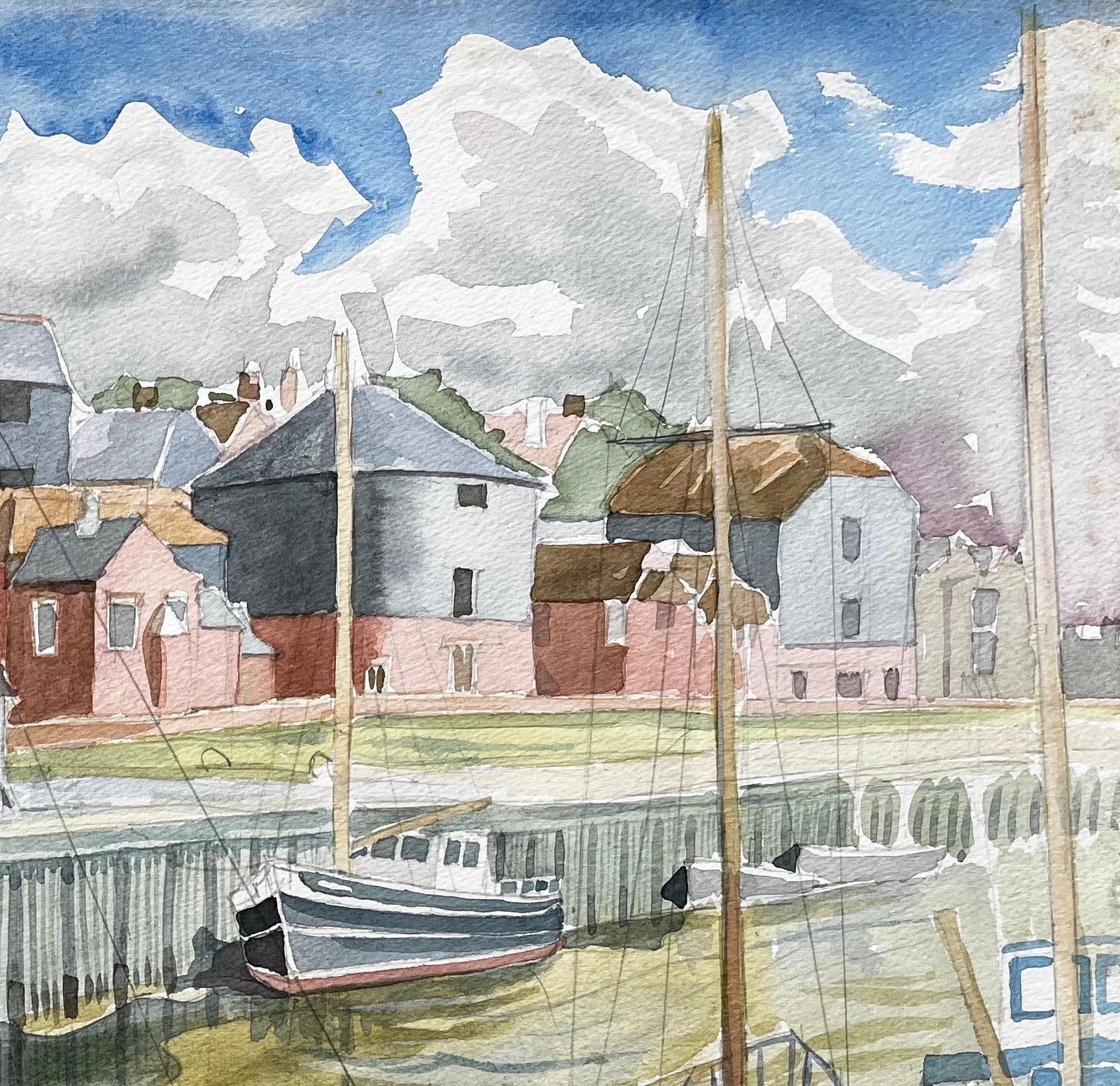 John Steane (B.1931)sandwich Harbour Kent Boats And Historic Waterfront British Watercolour photo vintage