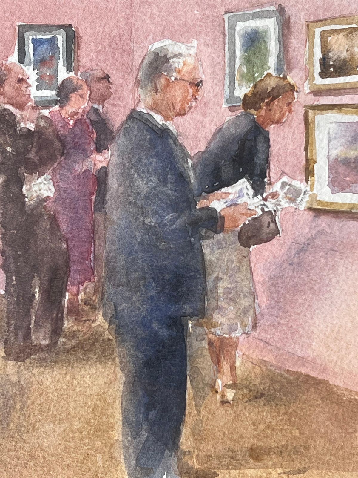 Anthony Herbertfigures Viewing The Gallery Exhibition In A Pink Interior British Watercolour photo for sale