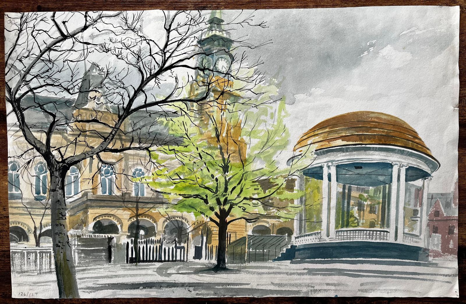 John Steane (B.1931)victorian Clocktower And Bandstand Spring Scene Watford Park Watercolour1992 photo furniture