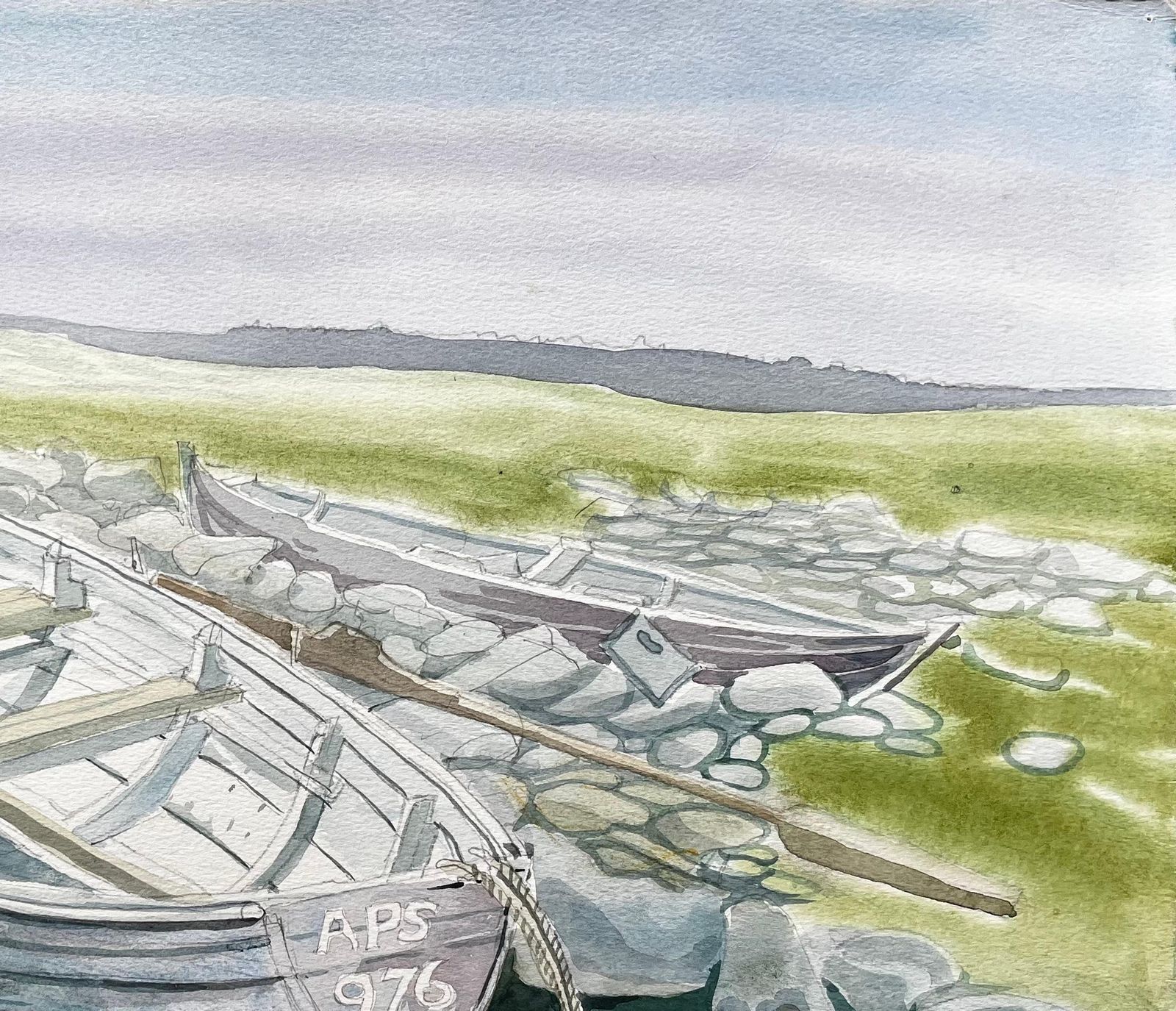 John Steane (B.1931)rowing Boats On Rocky Shore With Grass And Distant Hills By John Steane photo vinterior