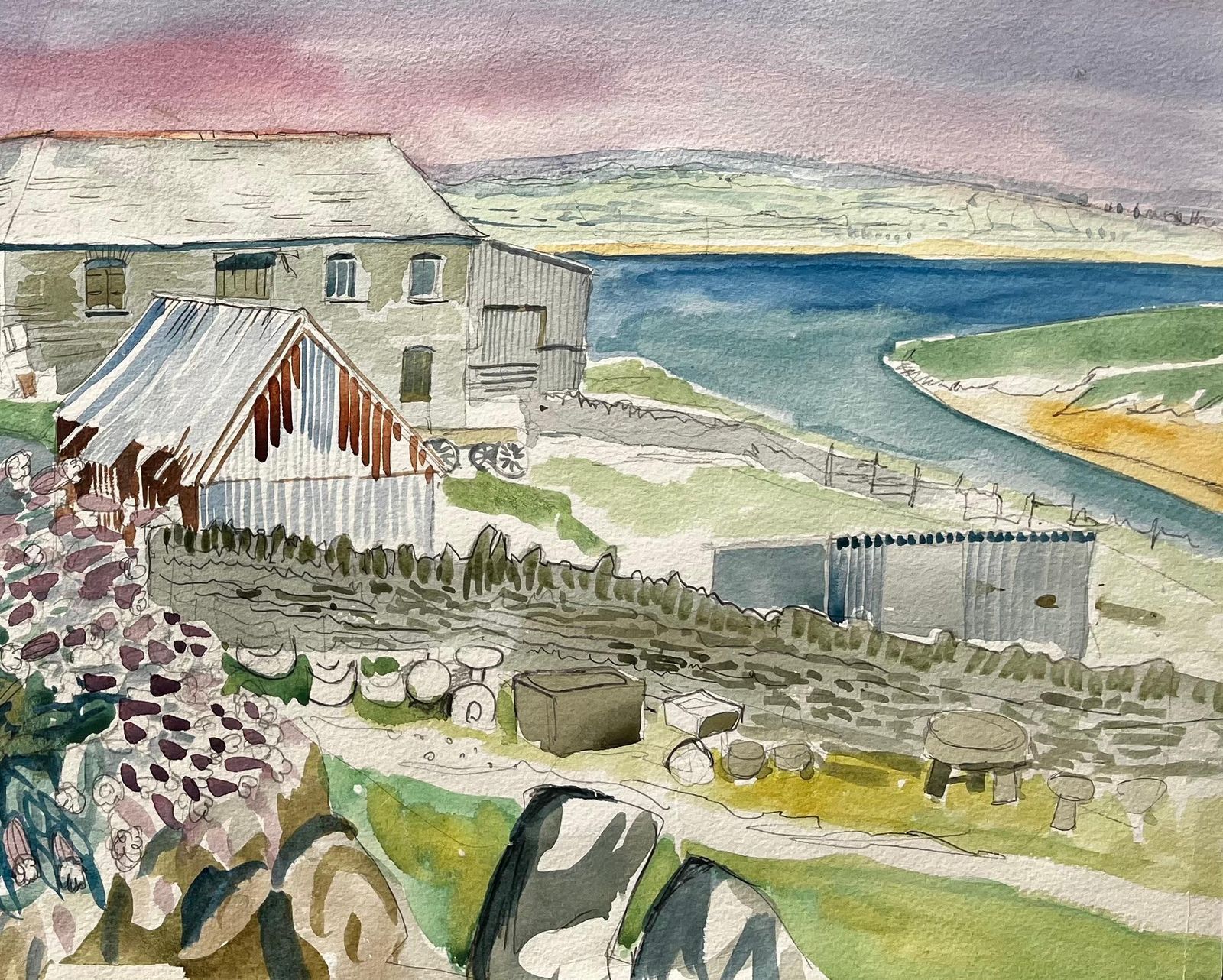 John Steane (B.1931)cornish Farm Buildings With Coastal View 20th Century British Watercolour photo Art