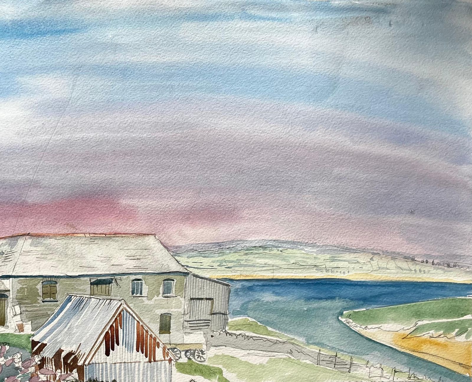 John Steane (B.1931)cornish Farm Buildings With Coastal View 20th Century British Watercolour photo vinterior