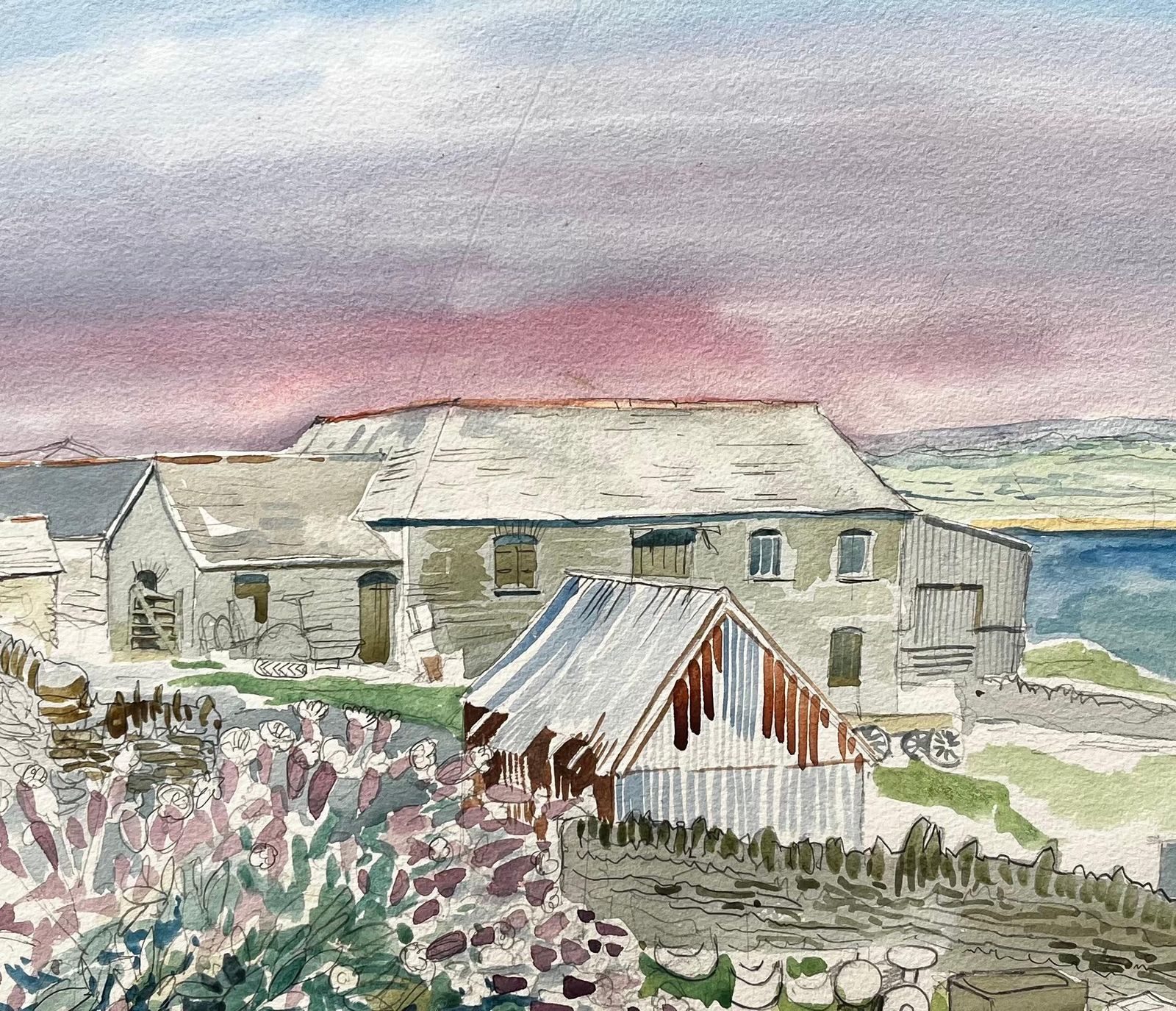 John Steane (B.1931)cornish Farm Buildings With Coastal View 20th Century British Watercolour photo buy