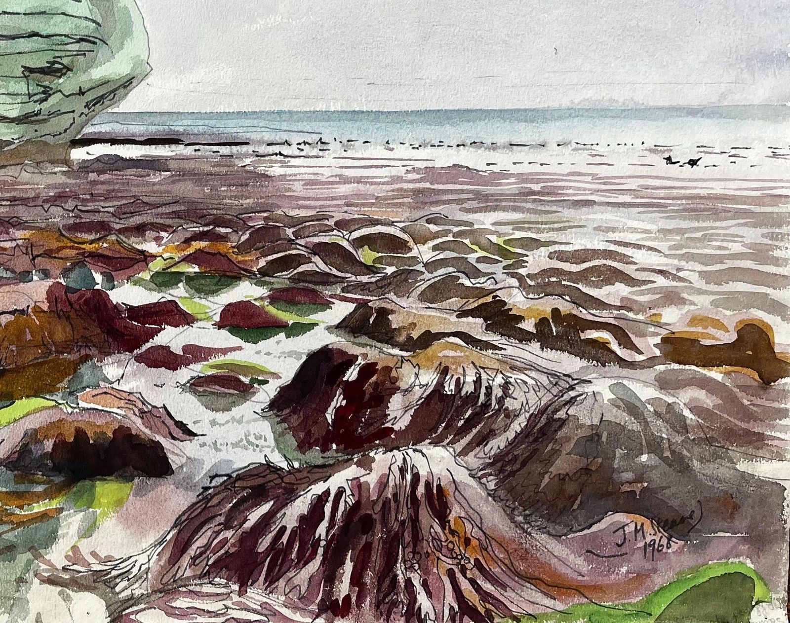 John Steane (B.1931)large Rock On Dorset Coast Low Tide 1960s English Watercolour Landscape1968 photo for sale