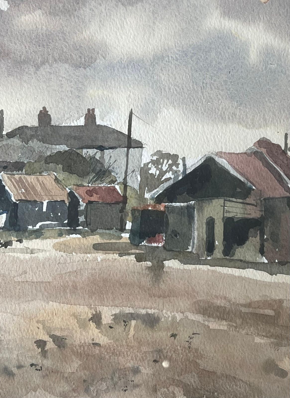Anthony Herbertboats Docked On Shore By Weathered Wooden Sheds With Rusted Roofs Watercolour photo vinterior