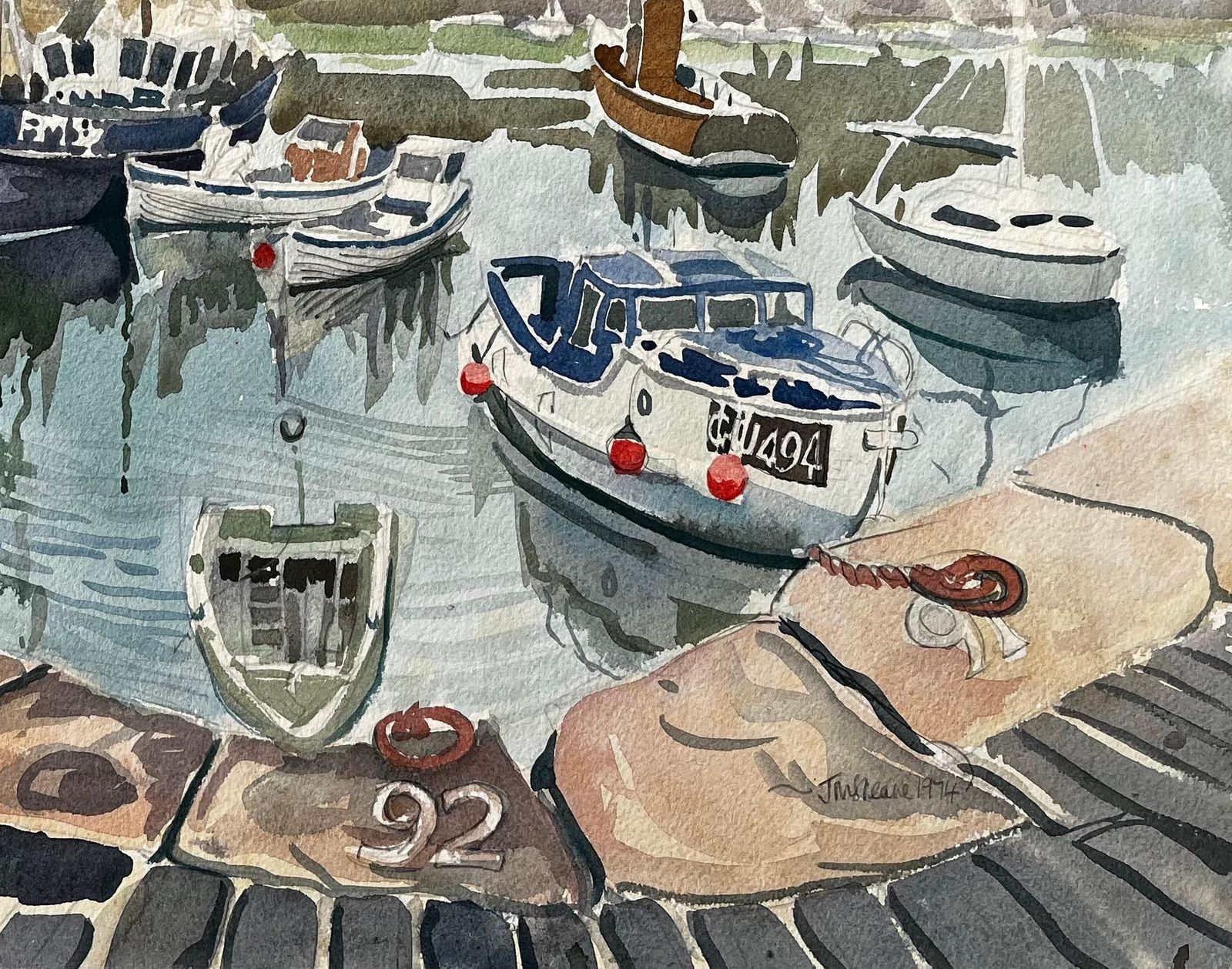 John Steane (B.1931)gretan Harbour Scene With Fishing Boats Reflections And Stone Quay 19741974 photo for sale