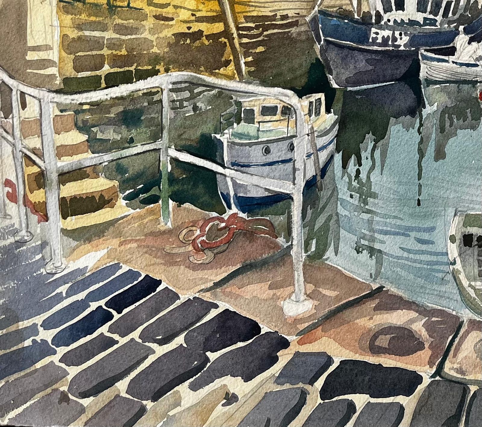 John Steane (B.1931)gretan Harbour Scene With Fishing Boats Reflections And Stone Quay 19741974 photo vinterior