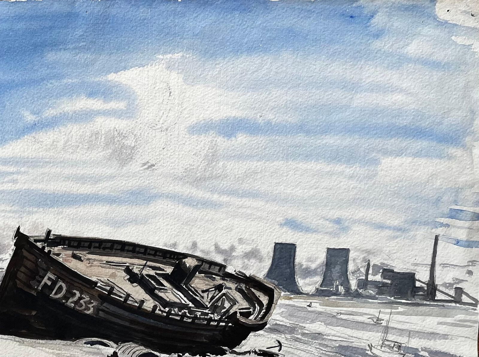John Steane (B.1931)beached Fishing Boat On Mersey Estuary Industrial Lancashire Landscape photo Art