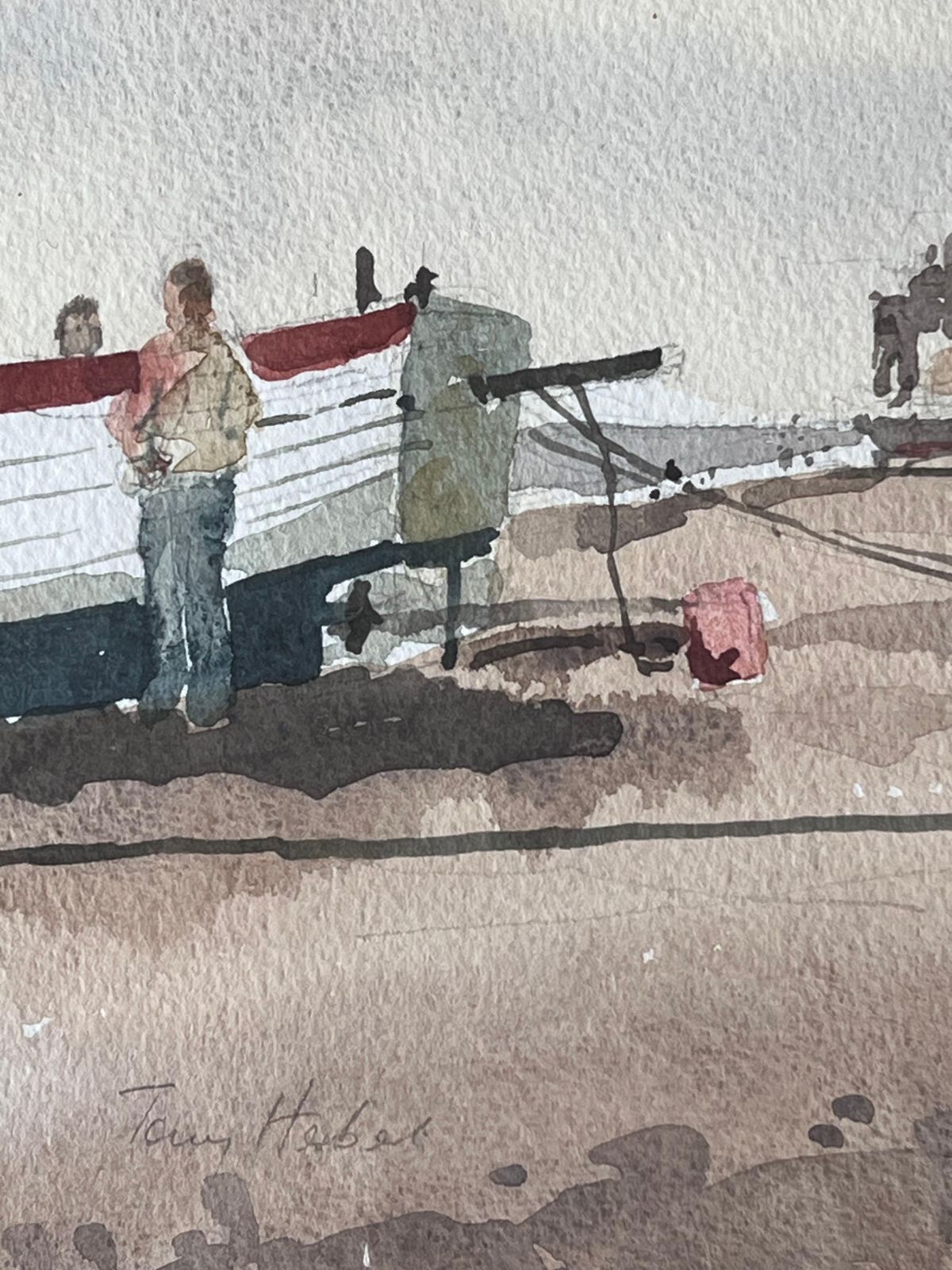 Anthony Herbertfigures With A Beached Fishing Boat On Aldeburgh Beach Watercolour photo for sale