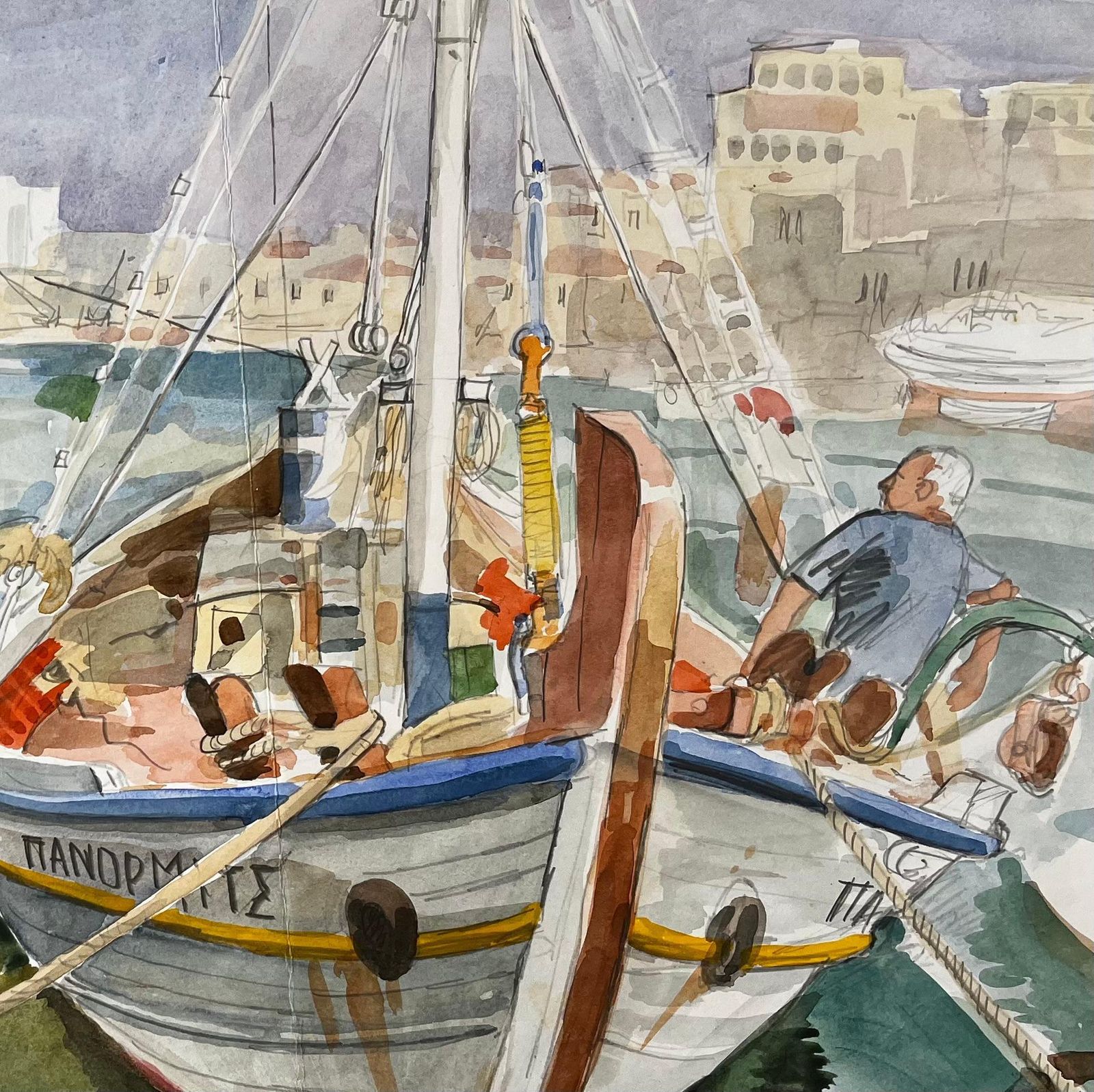 John Steane (B.1931)crete Fishing Boats Dock Scene With Harbour And Village Watercolour Painting photo vintage