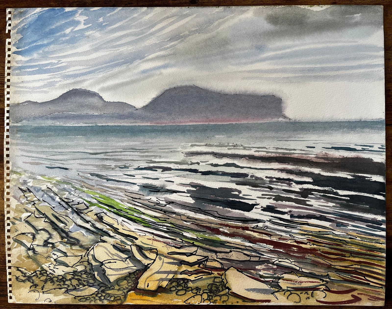 John Steane (B.1931)rocky Shoreline And Misty Mountains Welsh Coast 1985 Seascape Watercolour1985 photo furniture