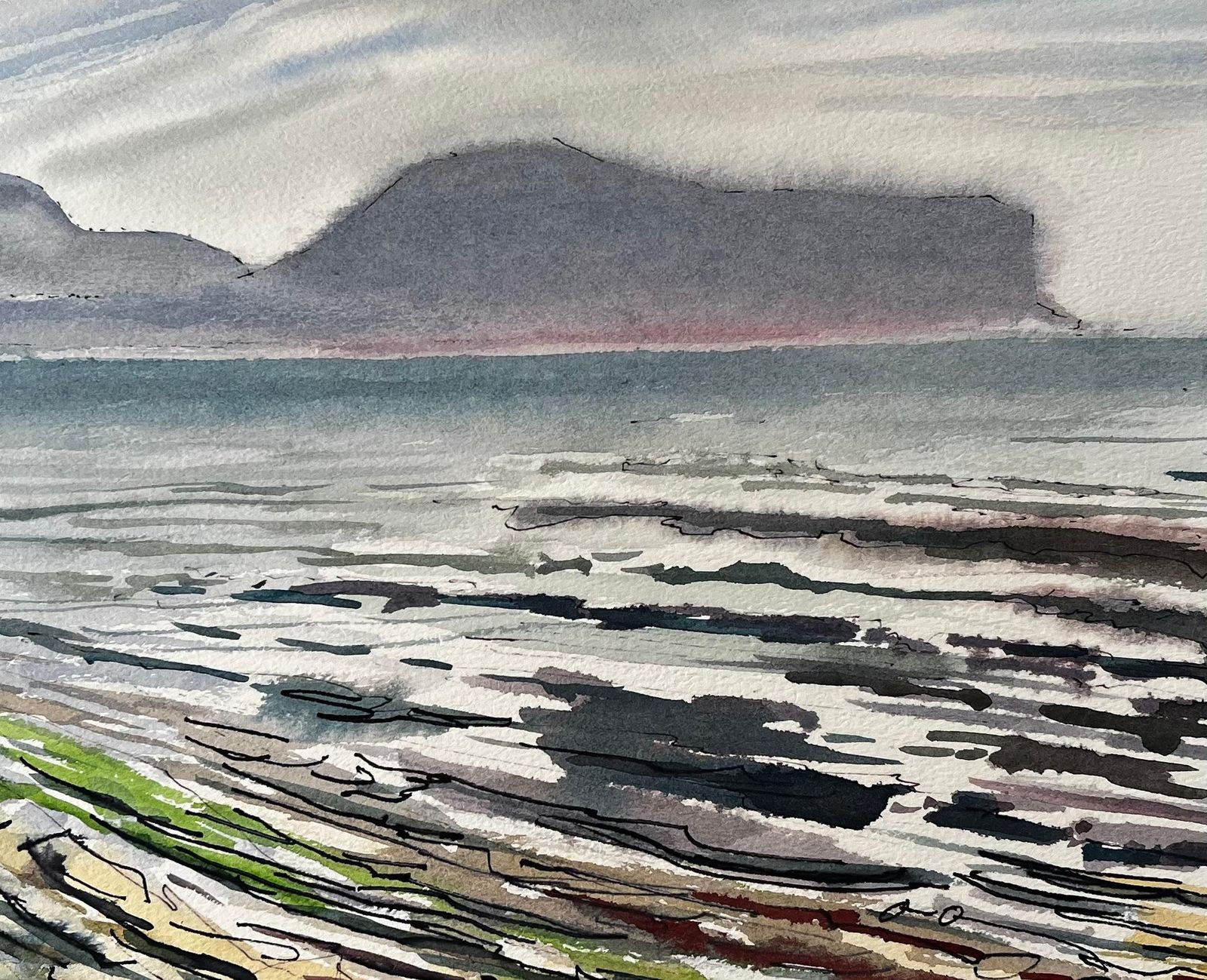 John Steane (B.1931)rocky Shoreline And Misty Mountains Welsh Coast 1985 Seascape Watercolour1985 photo buy