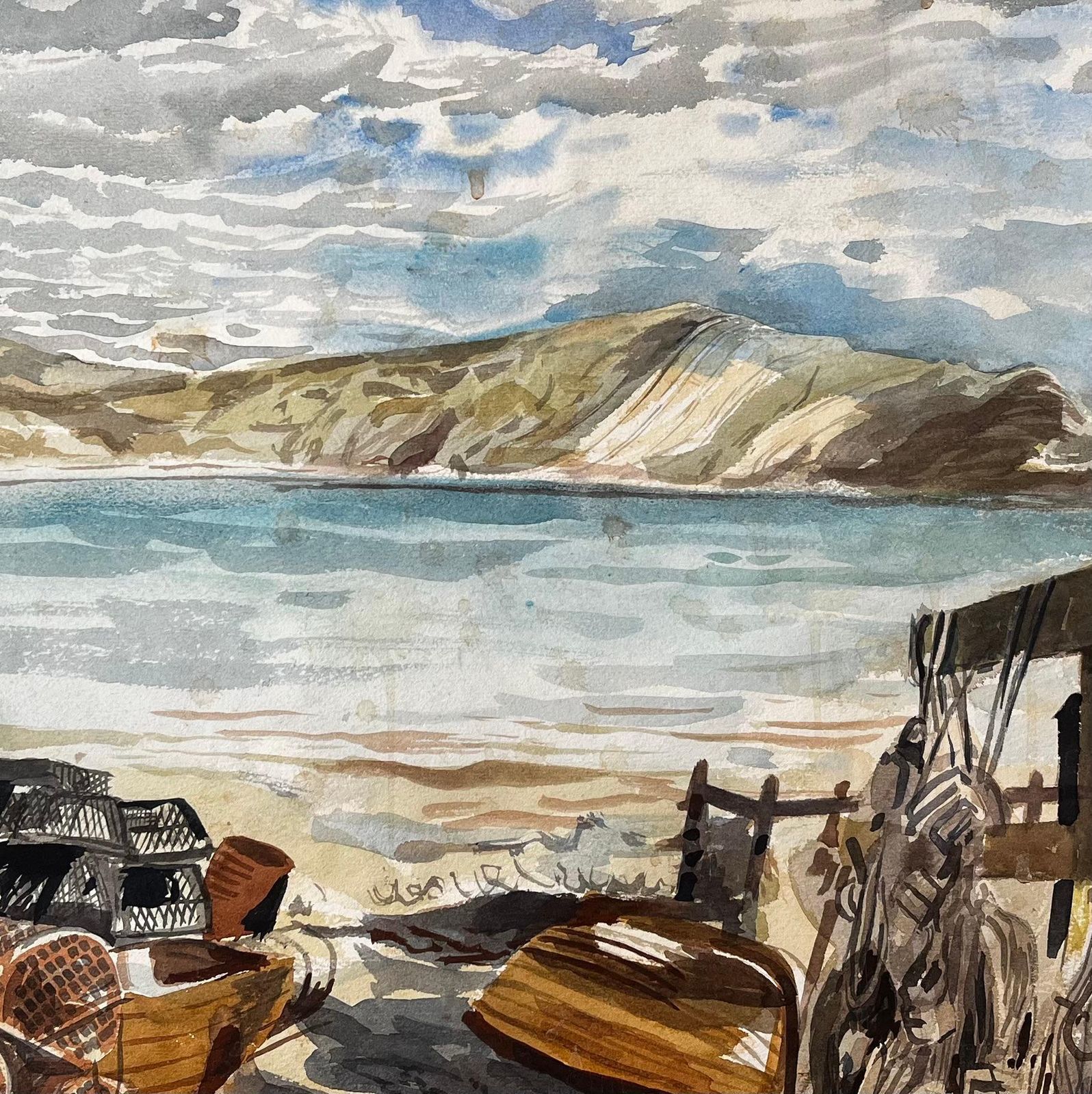John Steane (B.1931)lobster Pots And Fishing Nets On Dorset Coastline 1967 Coastal Watercolour Scene photo vintage