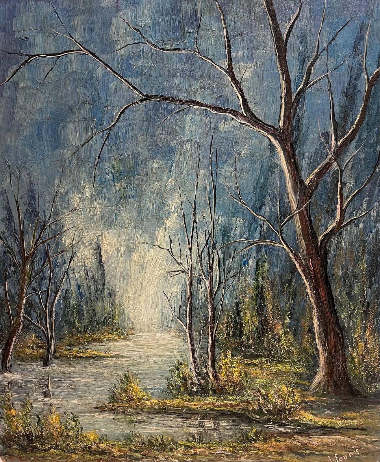 Jean Fouriebare Trees Along A Riverbend In Winter Light Oil Landscape Painting