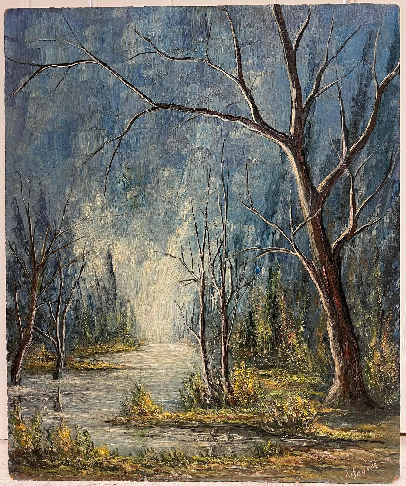 Jean Fouriebare Trees Along A Riverbend In Winter Light Oil Landscape Painting photo for sale