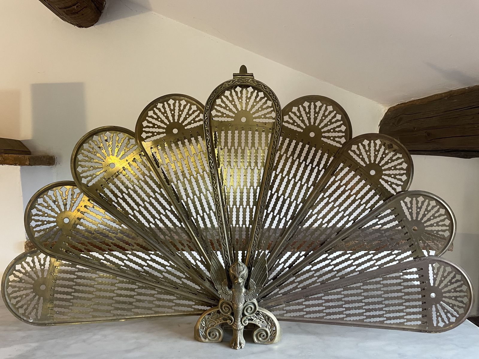 Antique Folding Brass Griffin Fan Fireplace Screen