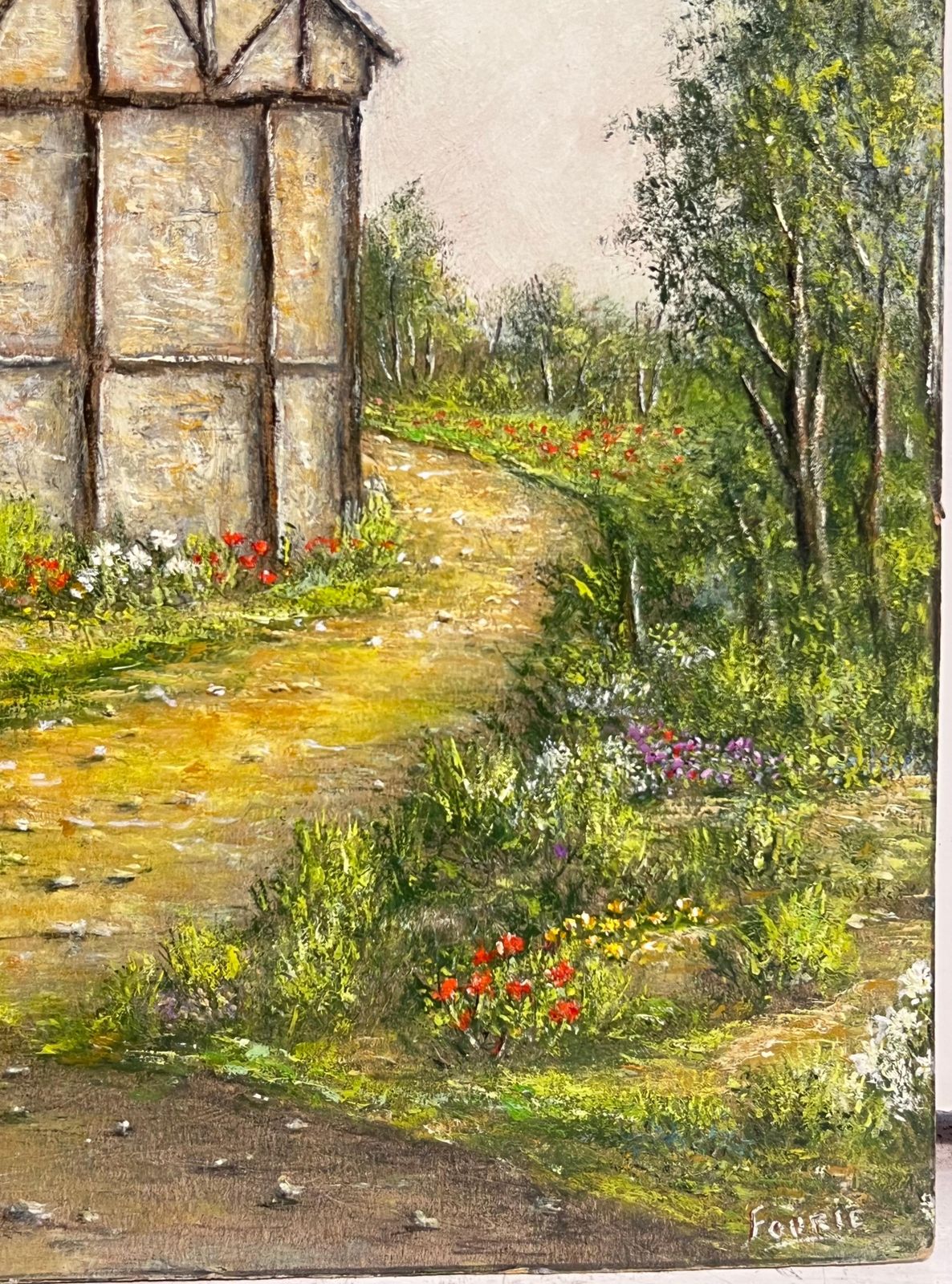 Jean Fourietimber   Framed Barn With Garden Flowers Along A Country Path Oil Painting photo vintage