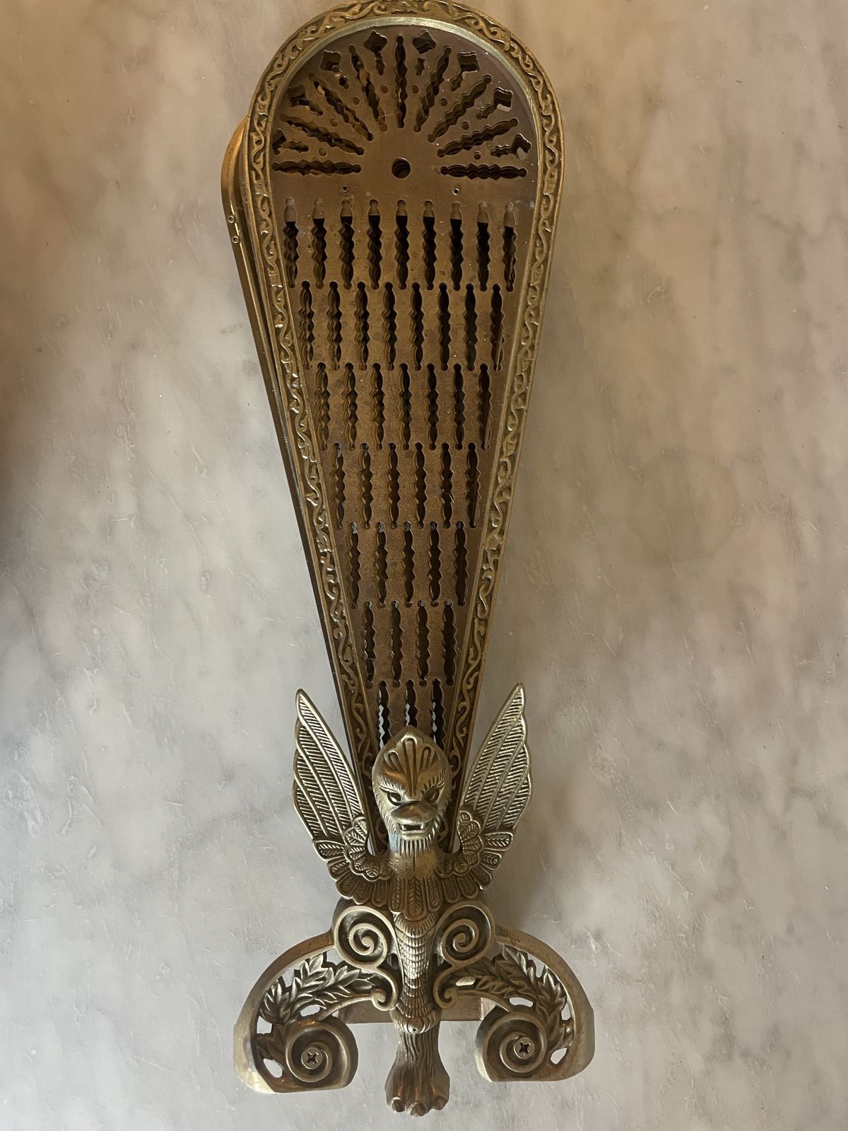 photo for sale Antique Folding Brass Griffin Fan Fireplace Screen