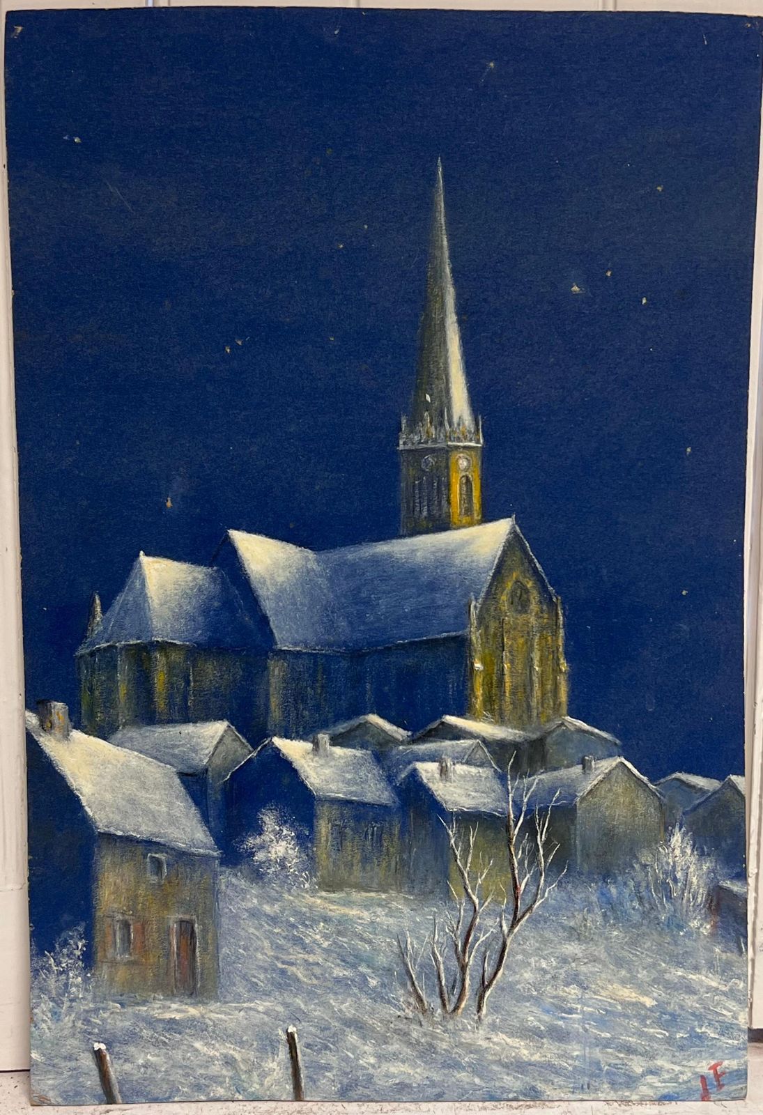 Jean Fouriesnow Covered Church In Midnight Blue Oil Landscape Painting photo furniture