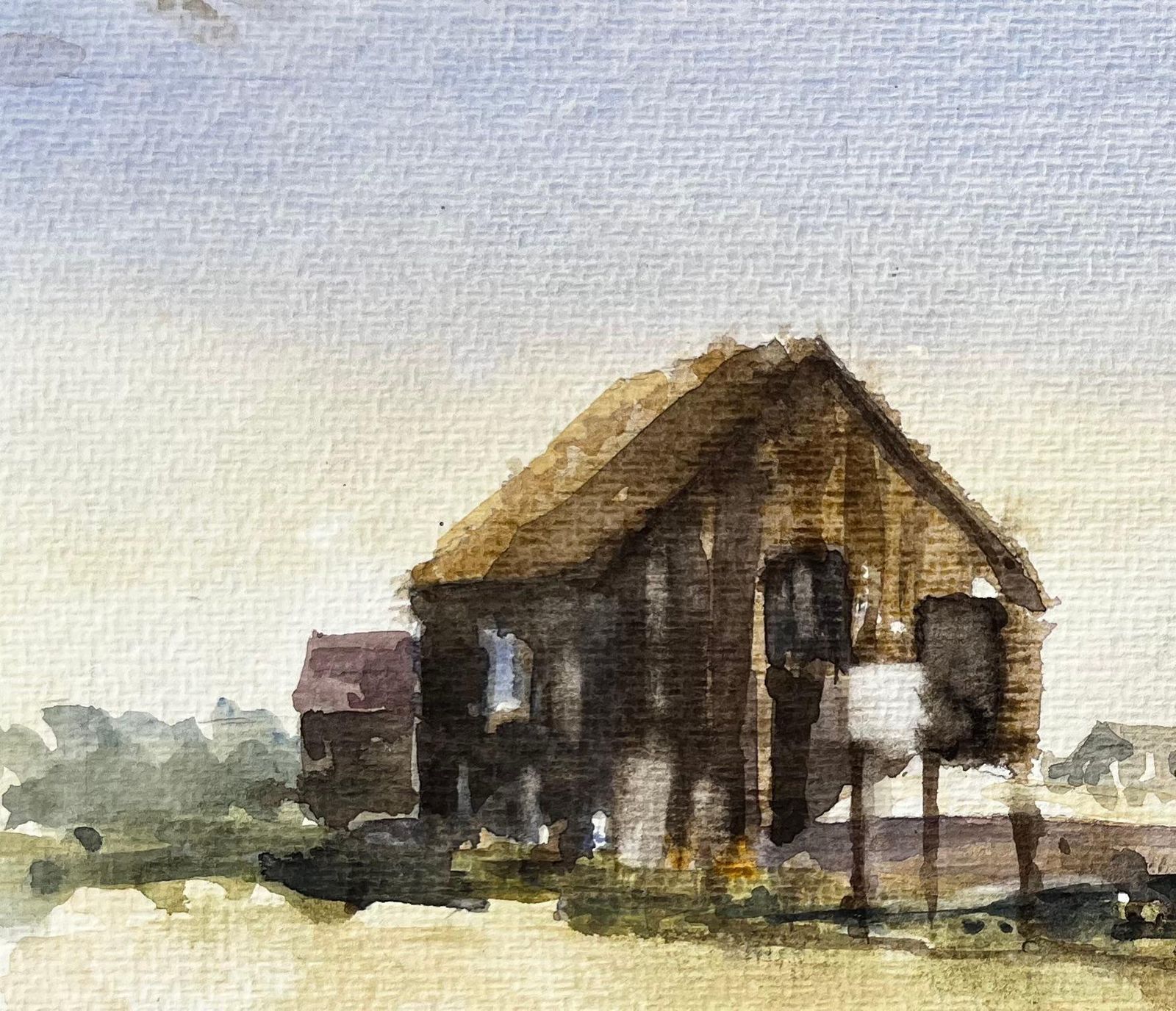 Anthony Herbertweathered Coastal Boathouse With Fishing Boats And Dunes Watercolour Painting photo for sale