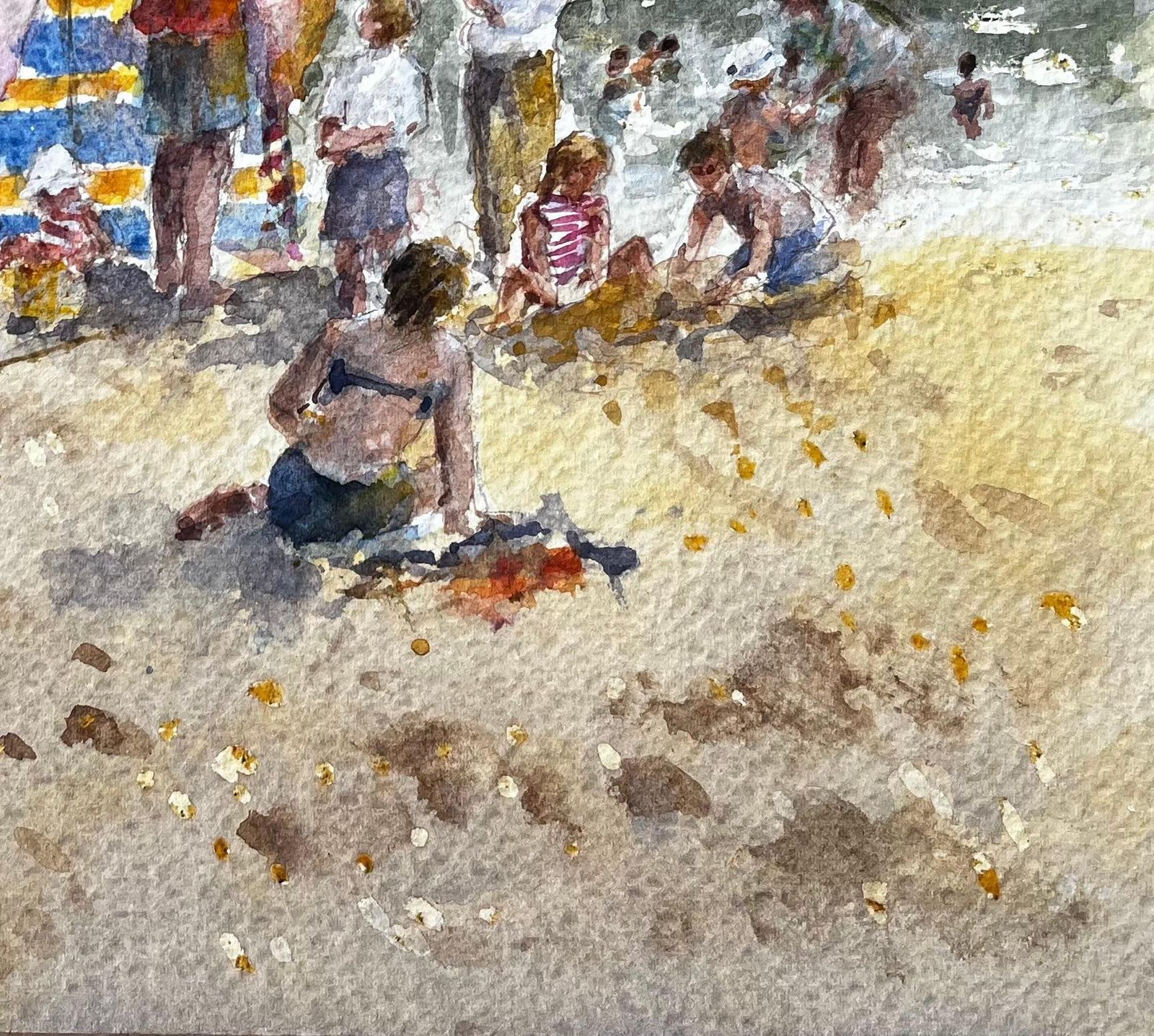 Anthony Herbertbritish Seaside Family Beach Scene With Windbreak And Umbrella By Tony Herbert photo 544.0