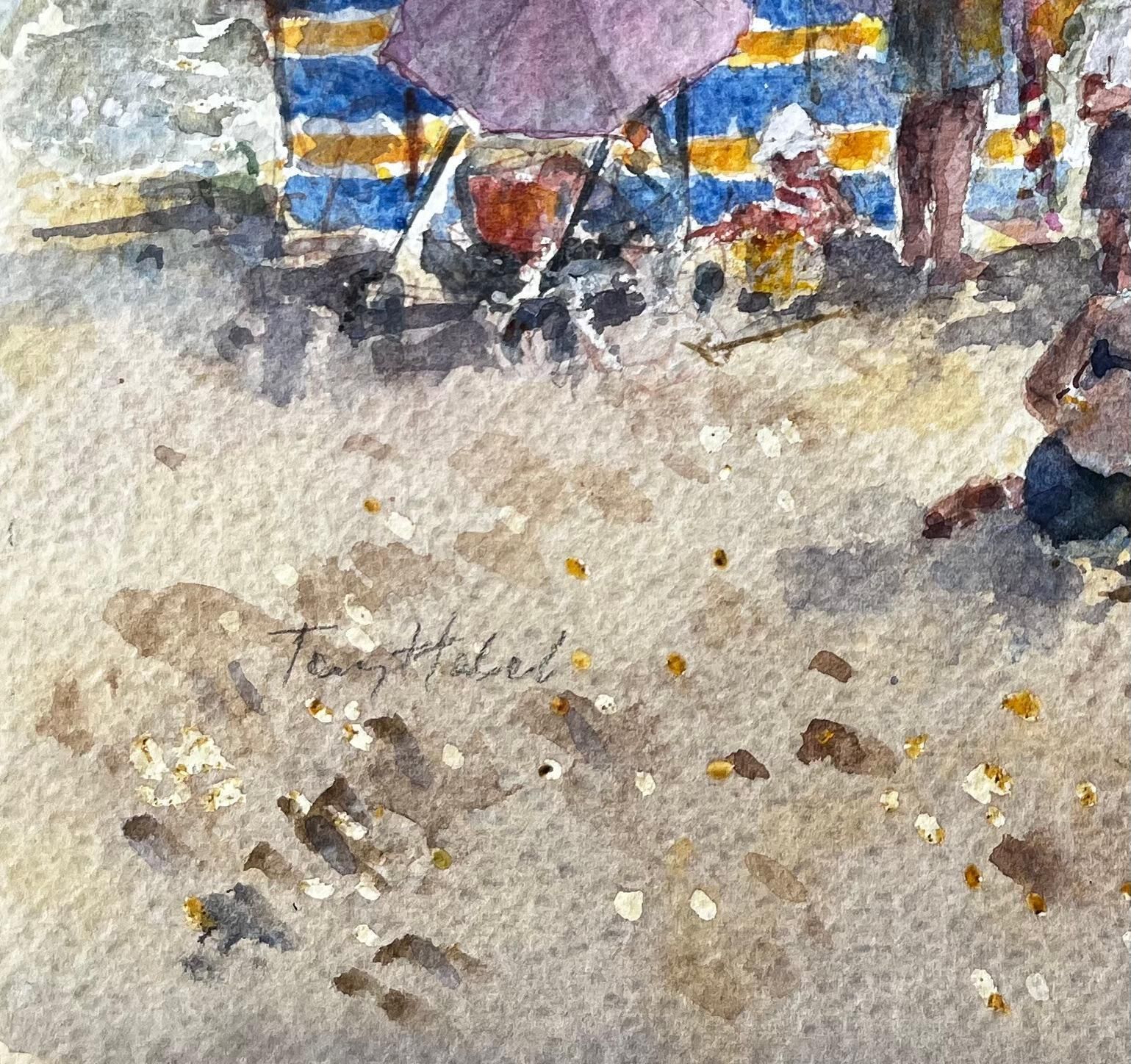Anthony Herbertbritish Seaside Family Beach Scene With Windbreak And Umbrella By Tony Herbert photo vinterior