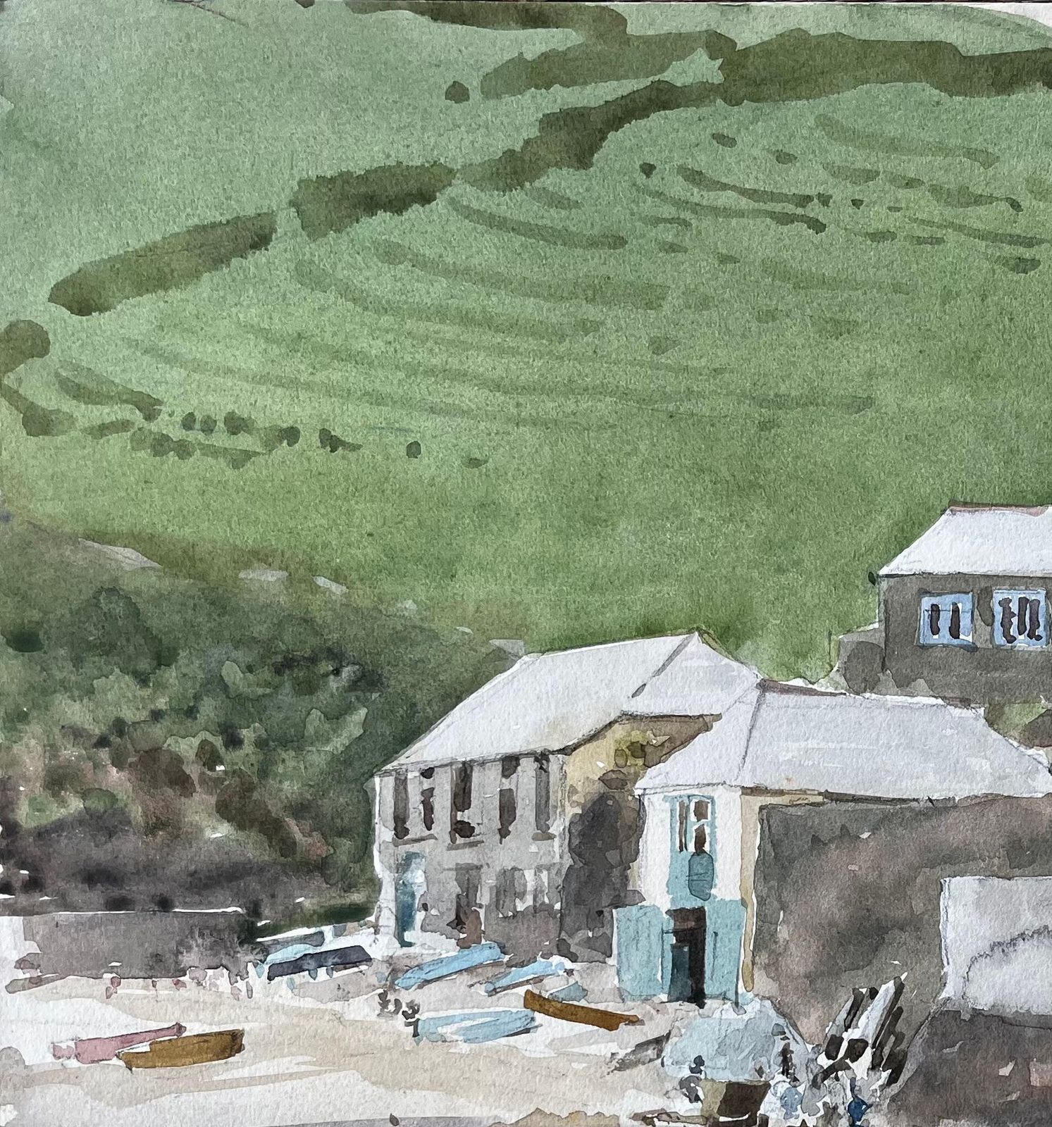 Anthony Herbertcoastal Village With Boats And Hillside Harbour Scene Watercolour photo for sale