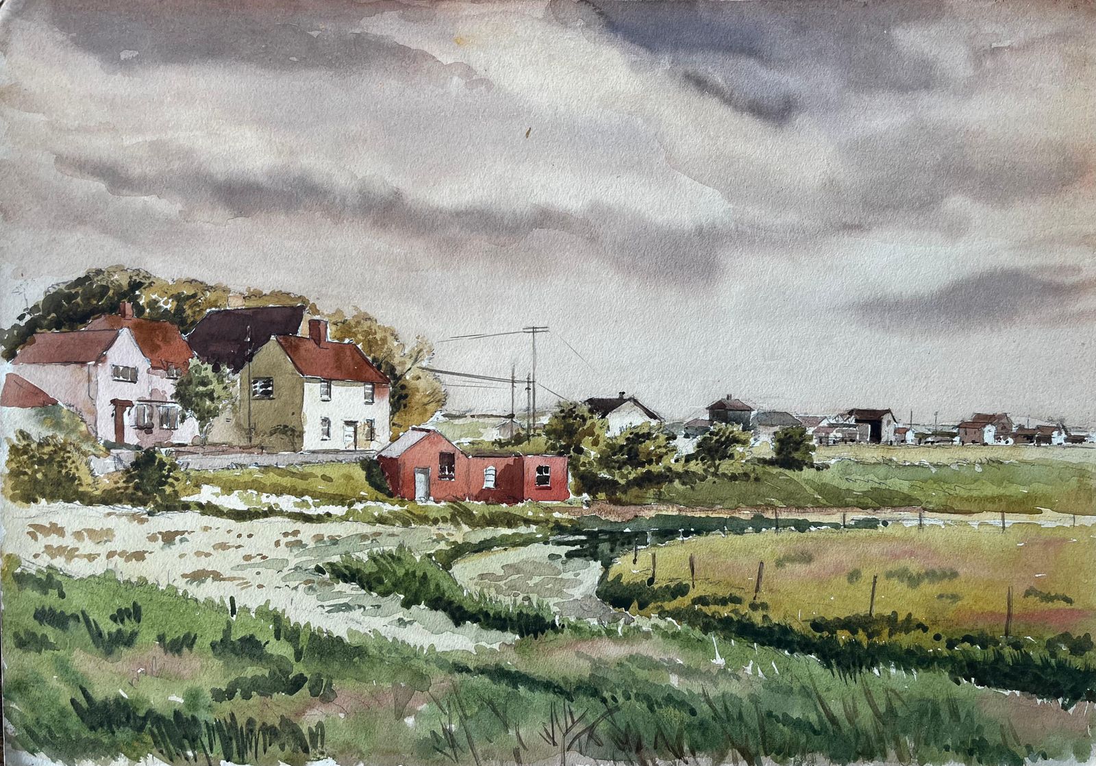 Anthony Herbertsouthwold Suffolk Landscape With Red Roofed Cottages And Cloudy Sky Watercolour