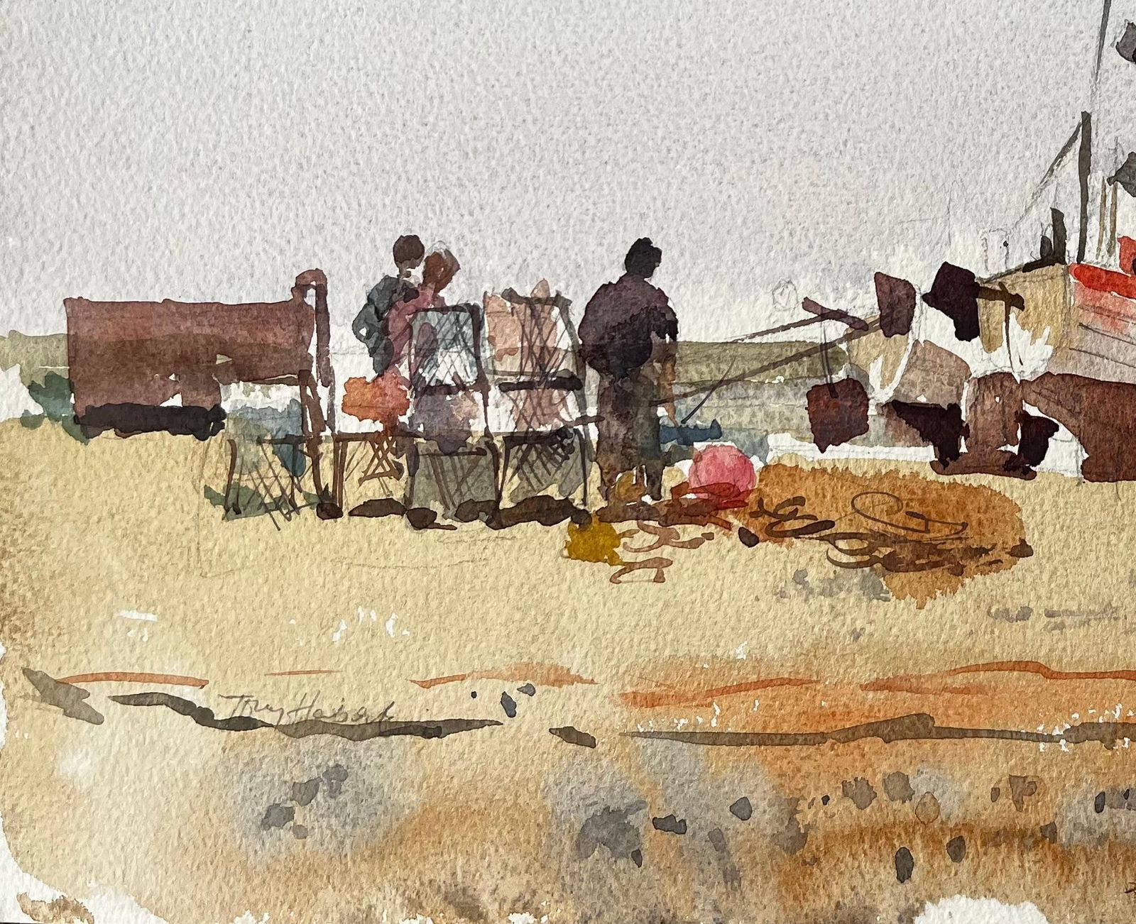 Anthony Herbertbeached Fishing Boat With Figures And Nets On Winter Shore Watercolour Scene photo for sale